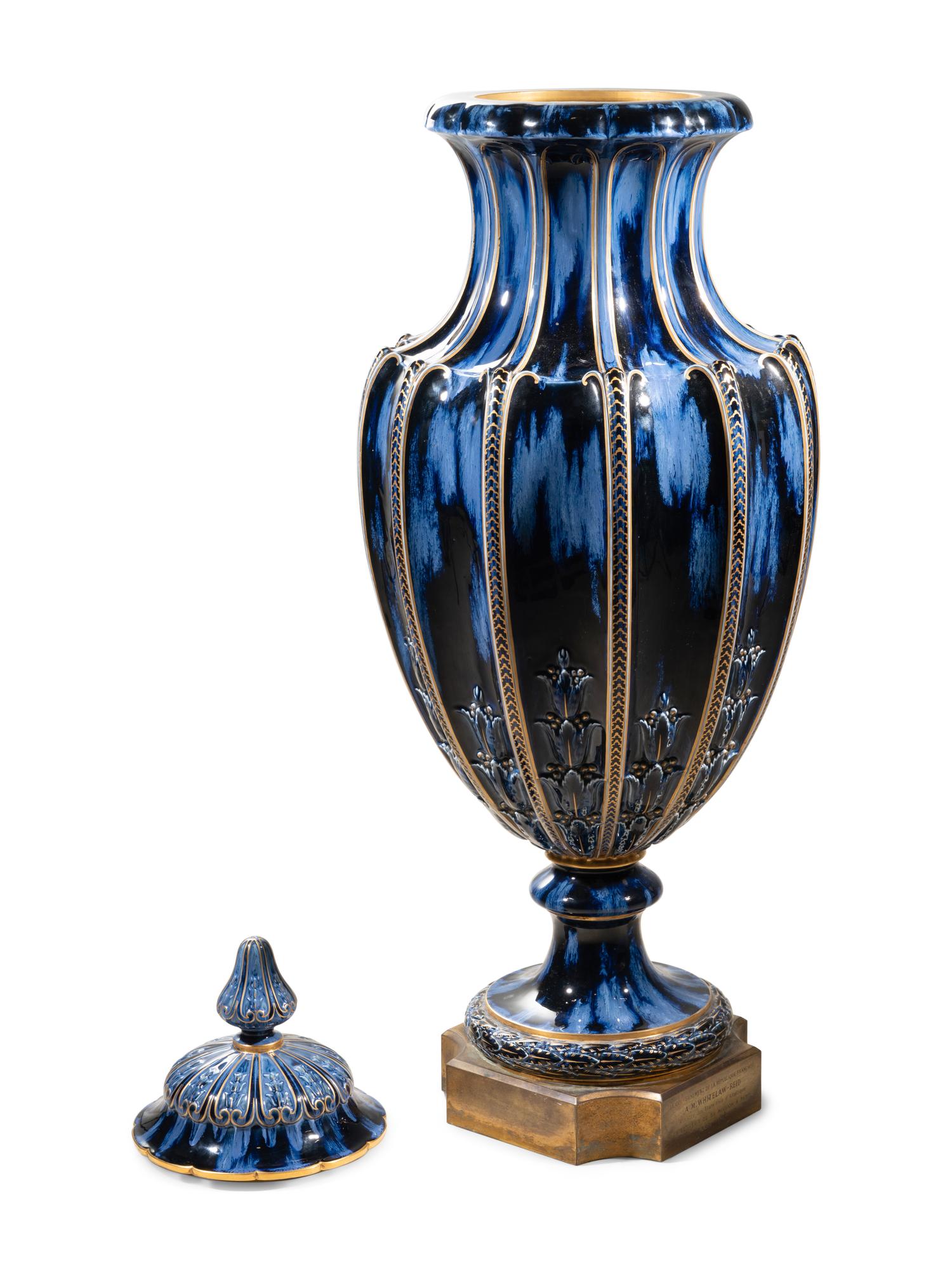 A Large Sèvres Cobalt-Glazed and Parcel Gilt Porcelain Presentation Vase and Cover of Ambassadorial Interest