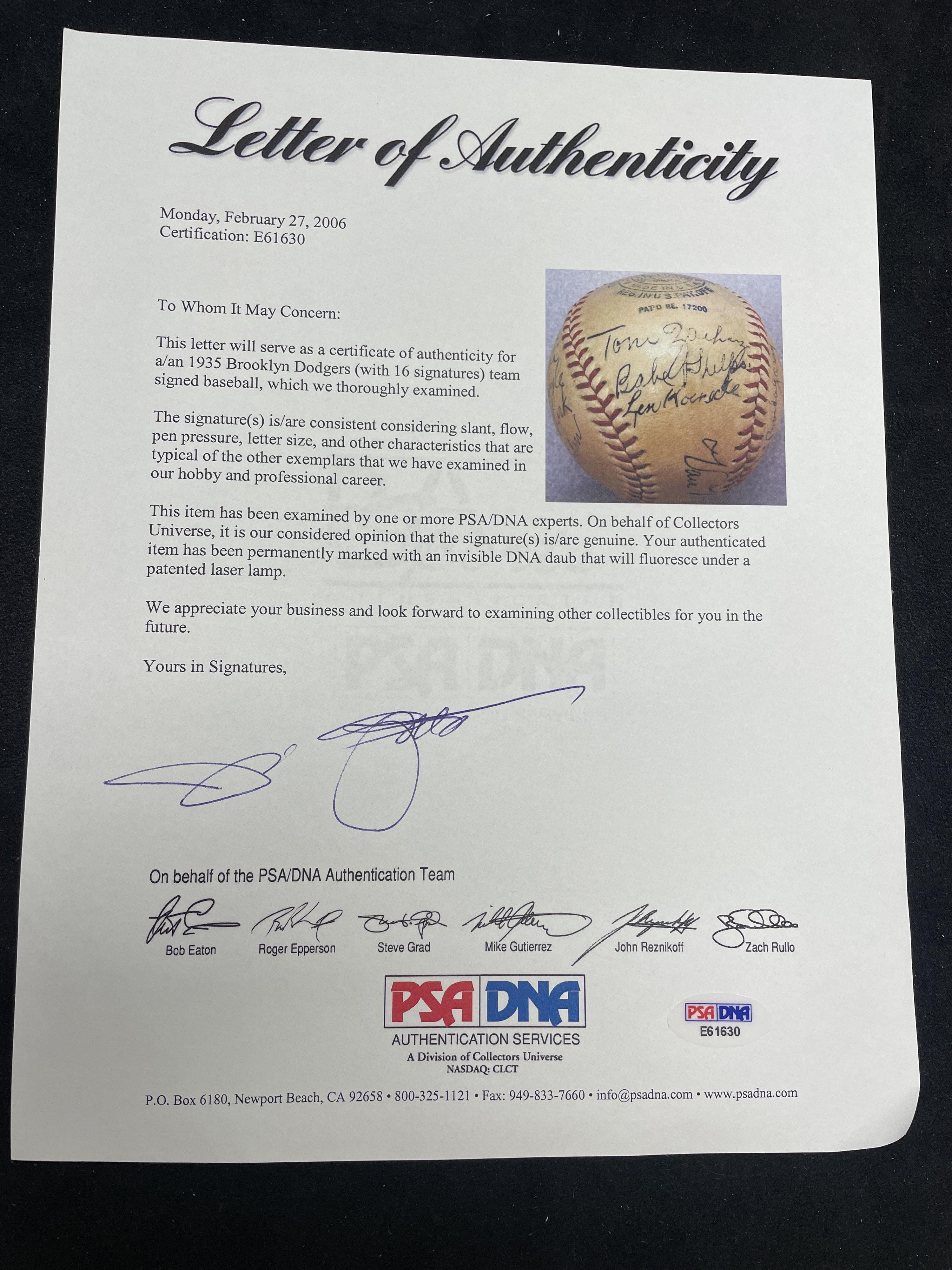 A 1935 Brooklyn Dodgers Team Signed Autograph Baseball (PSA Letter of Authenticity)