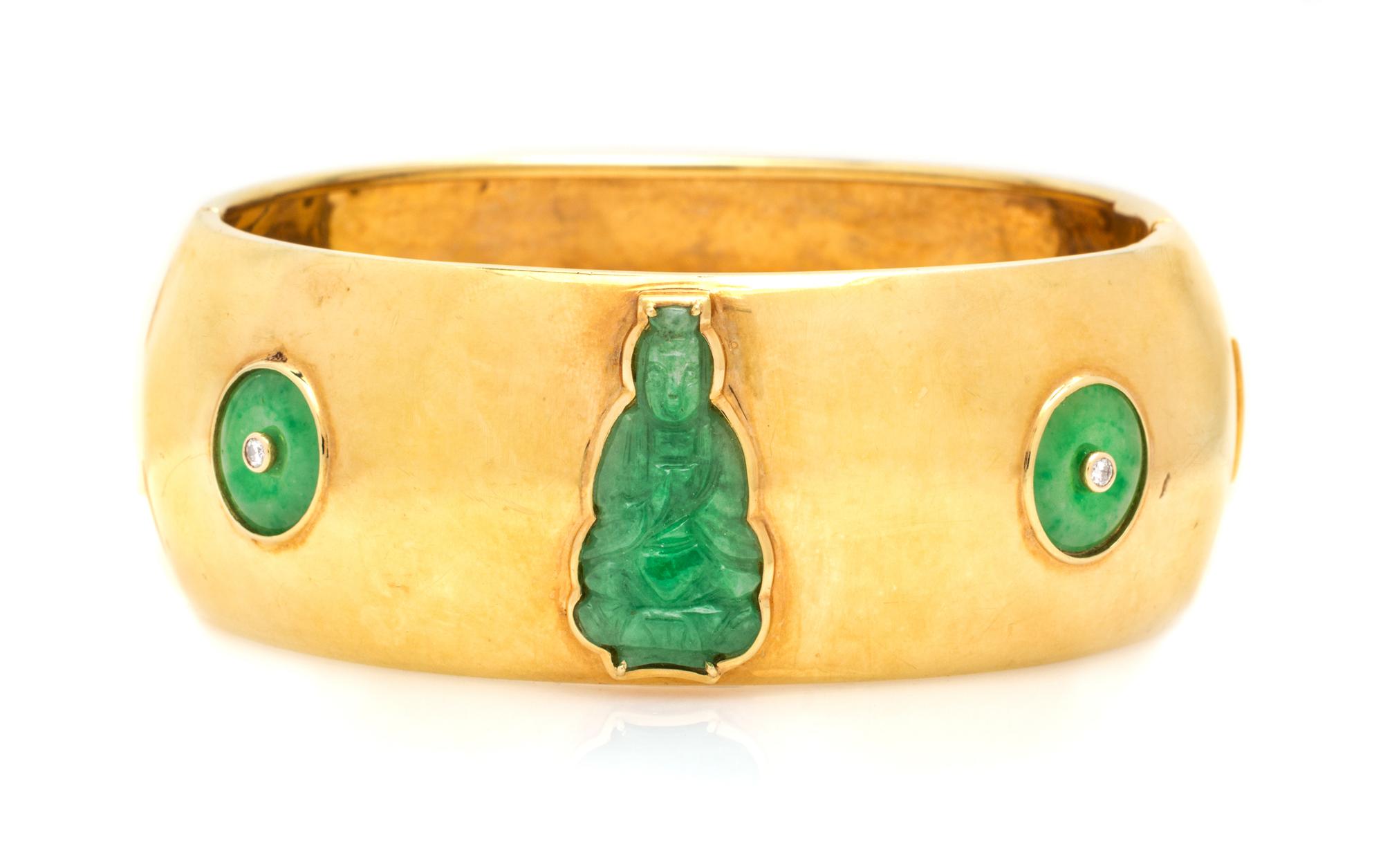 An 18 Karat Yellow Gold, Diamond and Jade Cuff Bracelet, 48.20 dwts.