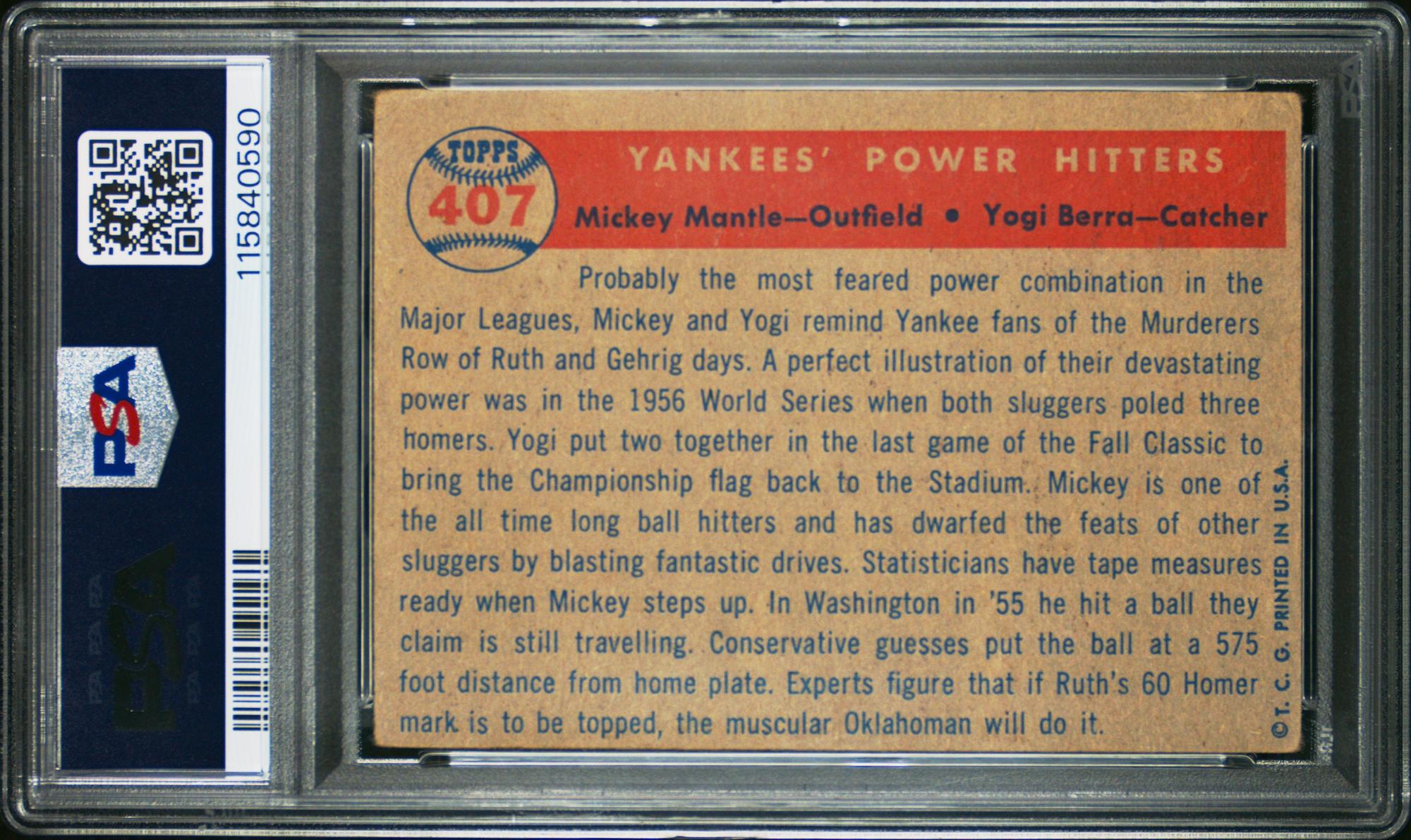 A 1957 Topps Mickey Mantle Yogi Berra Yankees Power Hitters Baseball Card No. 407 (PSA 2.5 GOOD+)