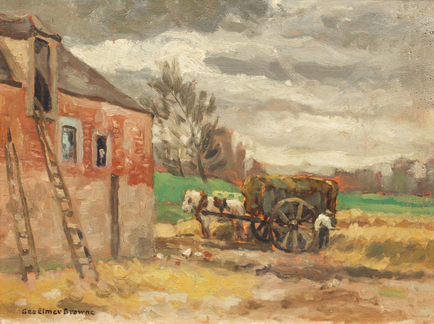 George Elmer Browne, (American, 1871-1946), Landscape with Haywagon and Barn