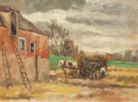 George Elmer Browne, (American, 1871-1946), Landscape with Haywagon and Barn