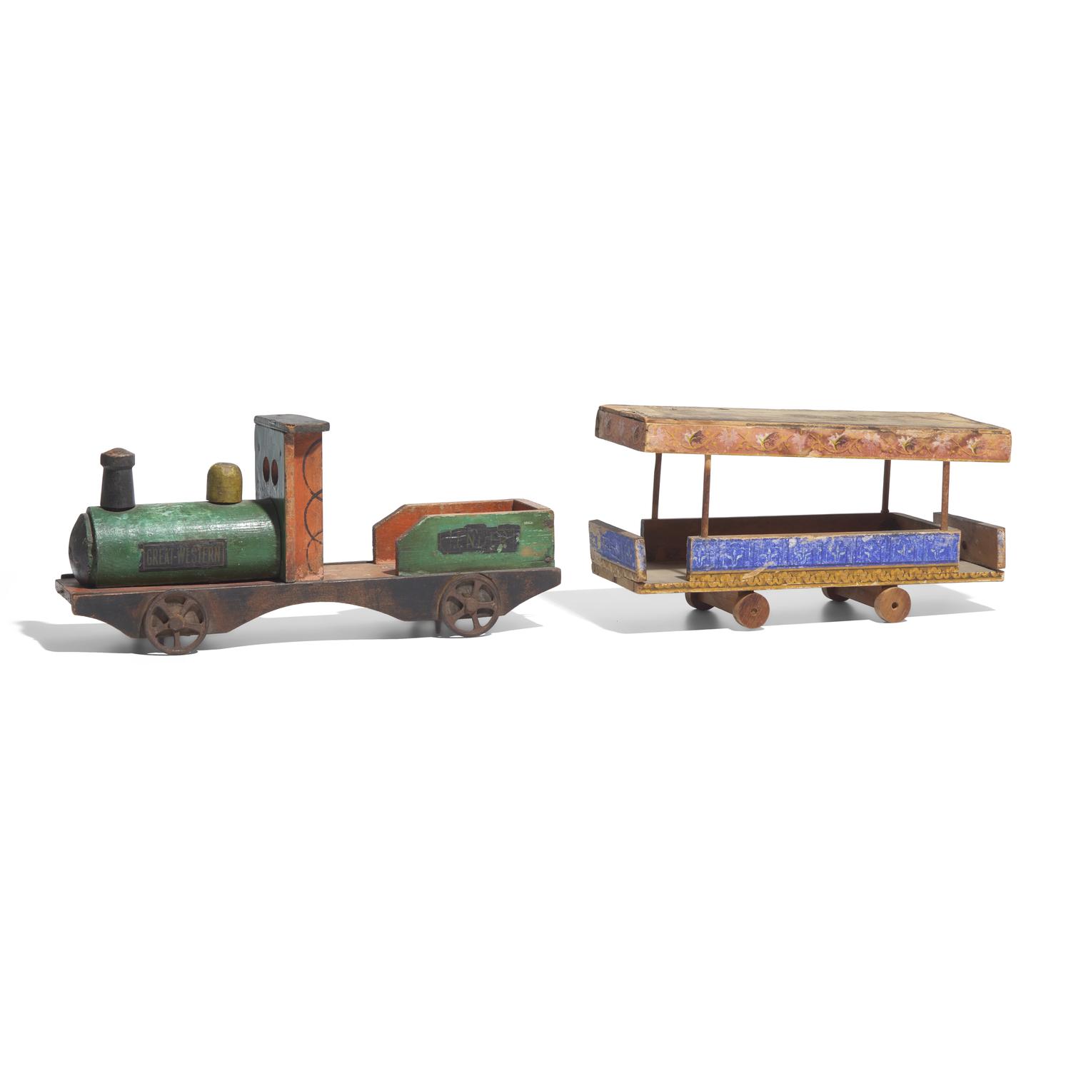 A Painted Wood and Iron "Great Western" Train Engine and a Painted and Wallpaper-Covered Wood Train Car