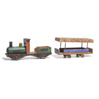 A Painted Wood and Iron "Great Western" Train Engine and a Painted and Wallpaper-Covered Wood Train Car