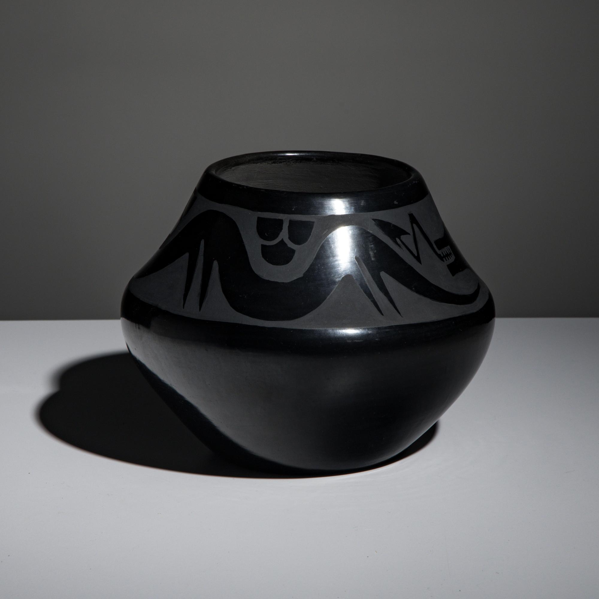 Maria and Santana Martinez (San Ildefonso, 1887-1980 / 1909-2002) — Blackware Pottery Jar, with Avanyu 1954-1956