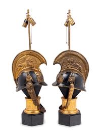 A Pair of Continental Parade Helmets Mounted as Lamps