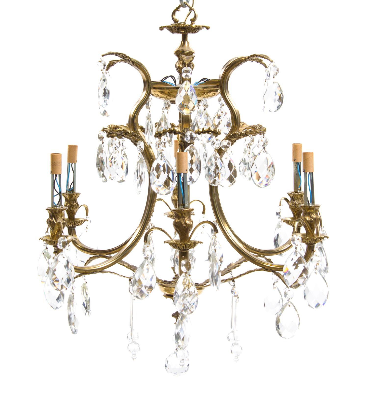 An American Brass Six-Light Chandelier, New Metal Craft, Height 24 inches.