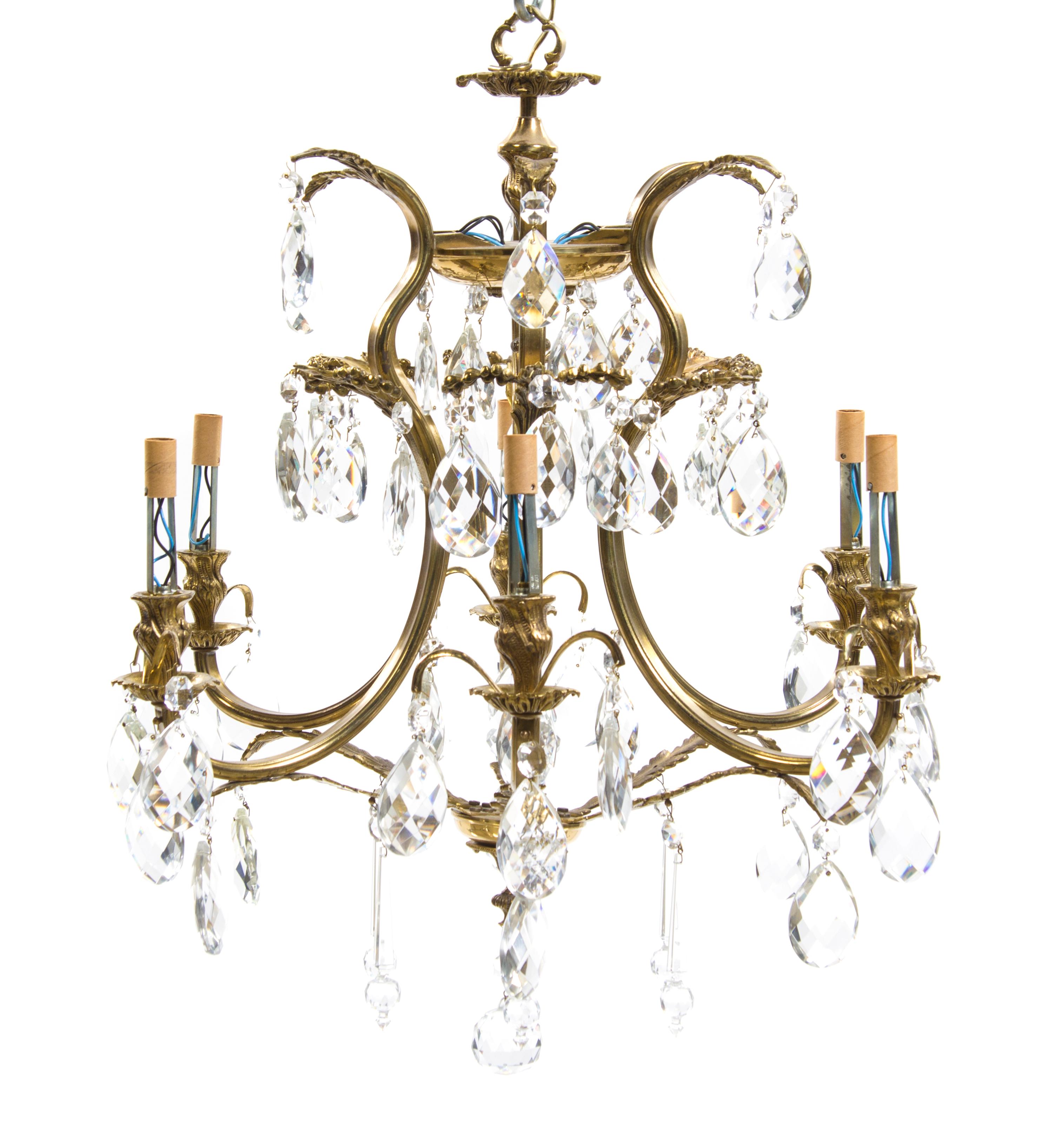 An American Brass Six-Light Chandelier, New Metal Craft, Height 24 inches.