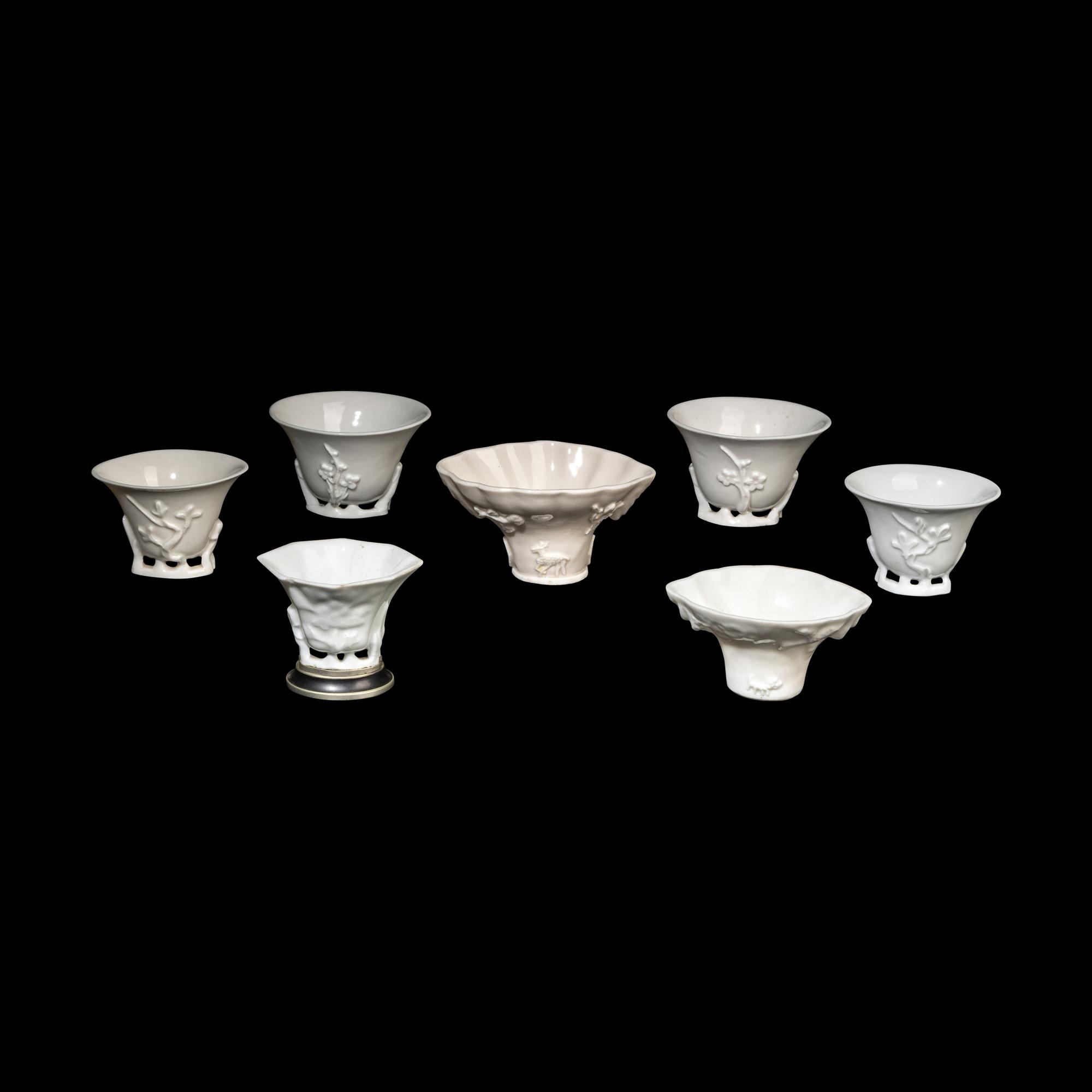 Seven Chinese Blanc-de-Chine Porcelain Libation Cups, 18th-Early 20th Century 清中期-民國 德化白瓷梅花杯及鹿鶴同春杯七支