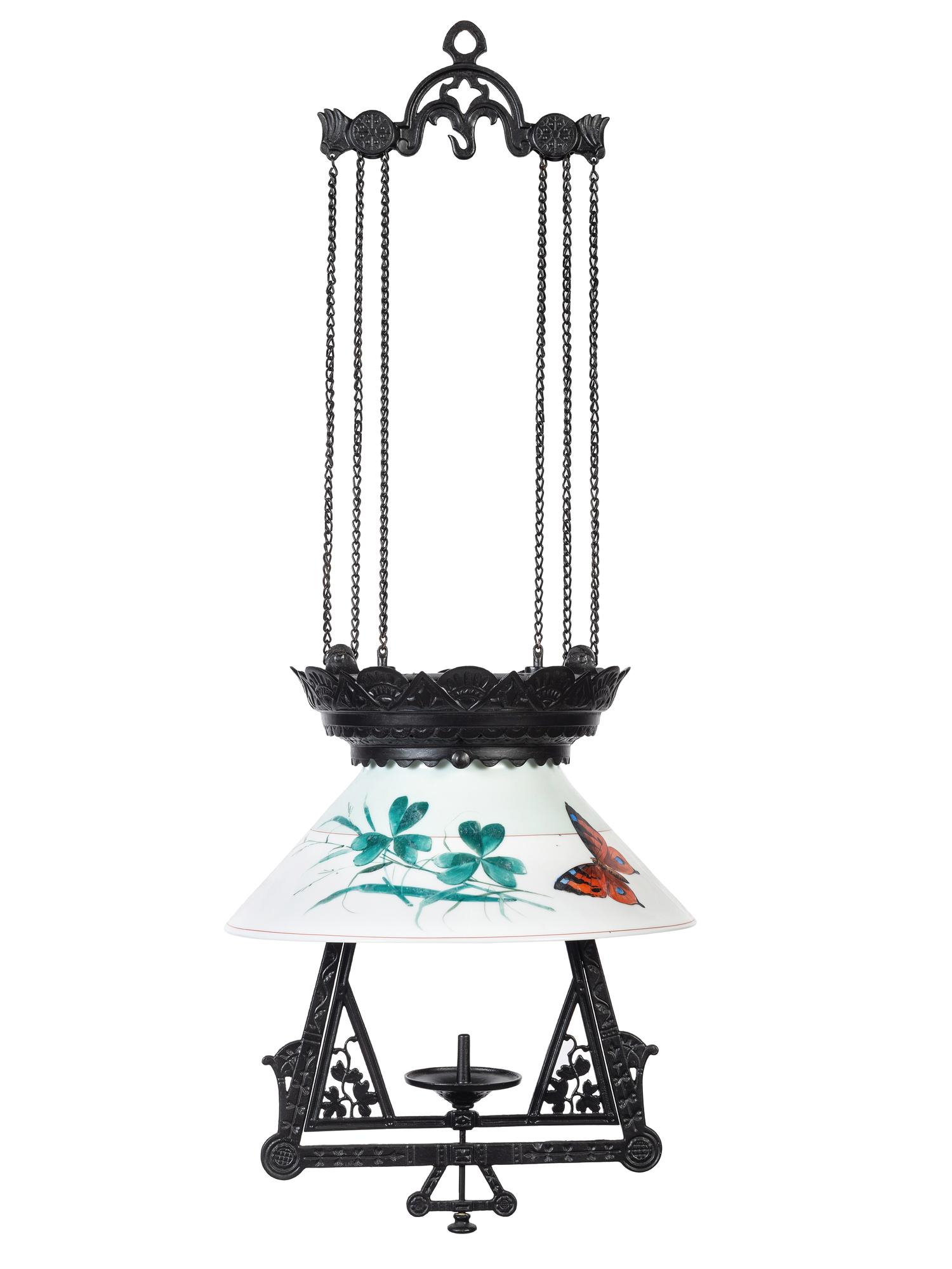 A Victorian Cast Iron and Painted Glass Adjustable Hanging Oil Lamp