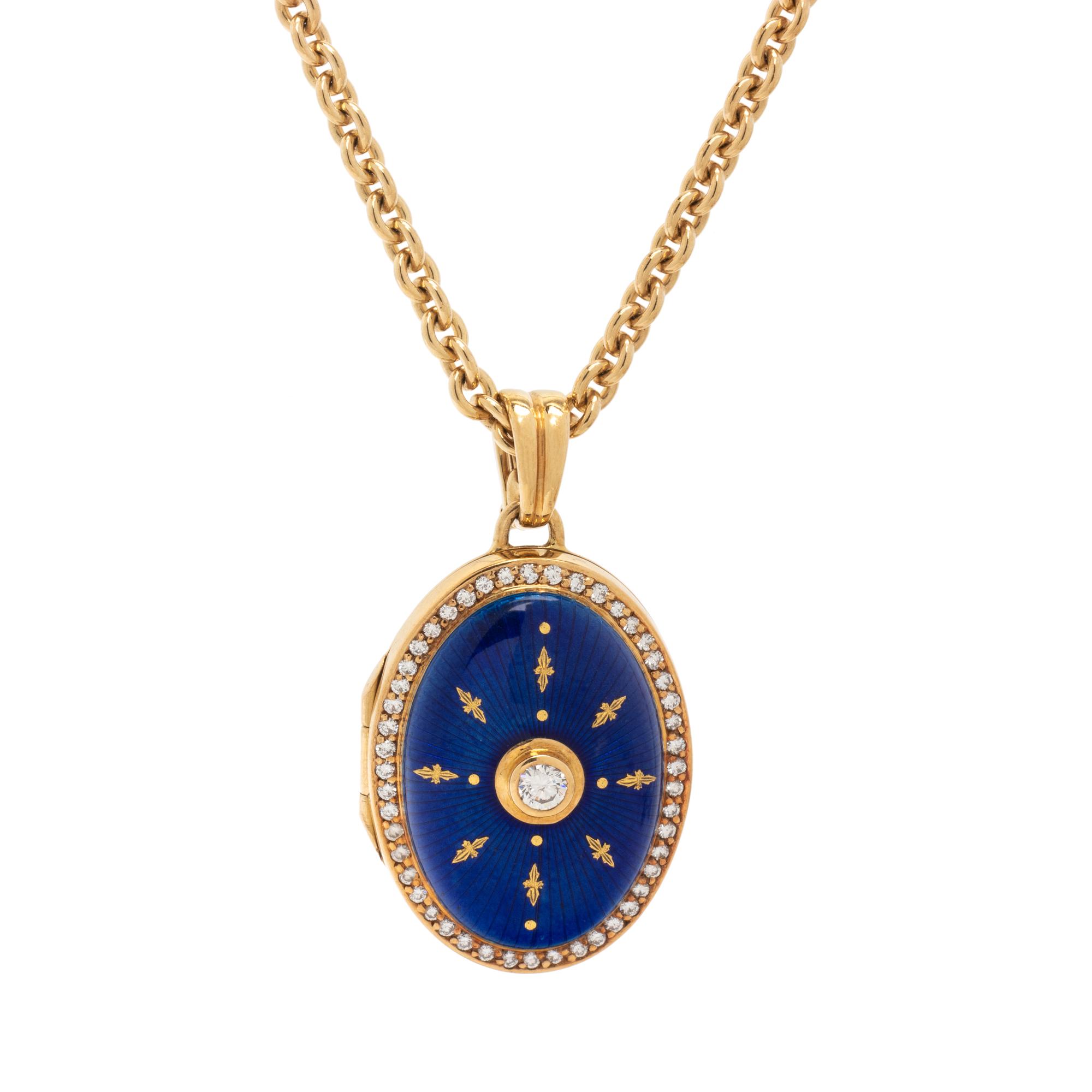 FABERGÉ, ENAMEL, DIAMOND, AND YELLOW GOLD LOCKET NECKLACE