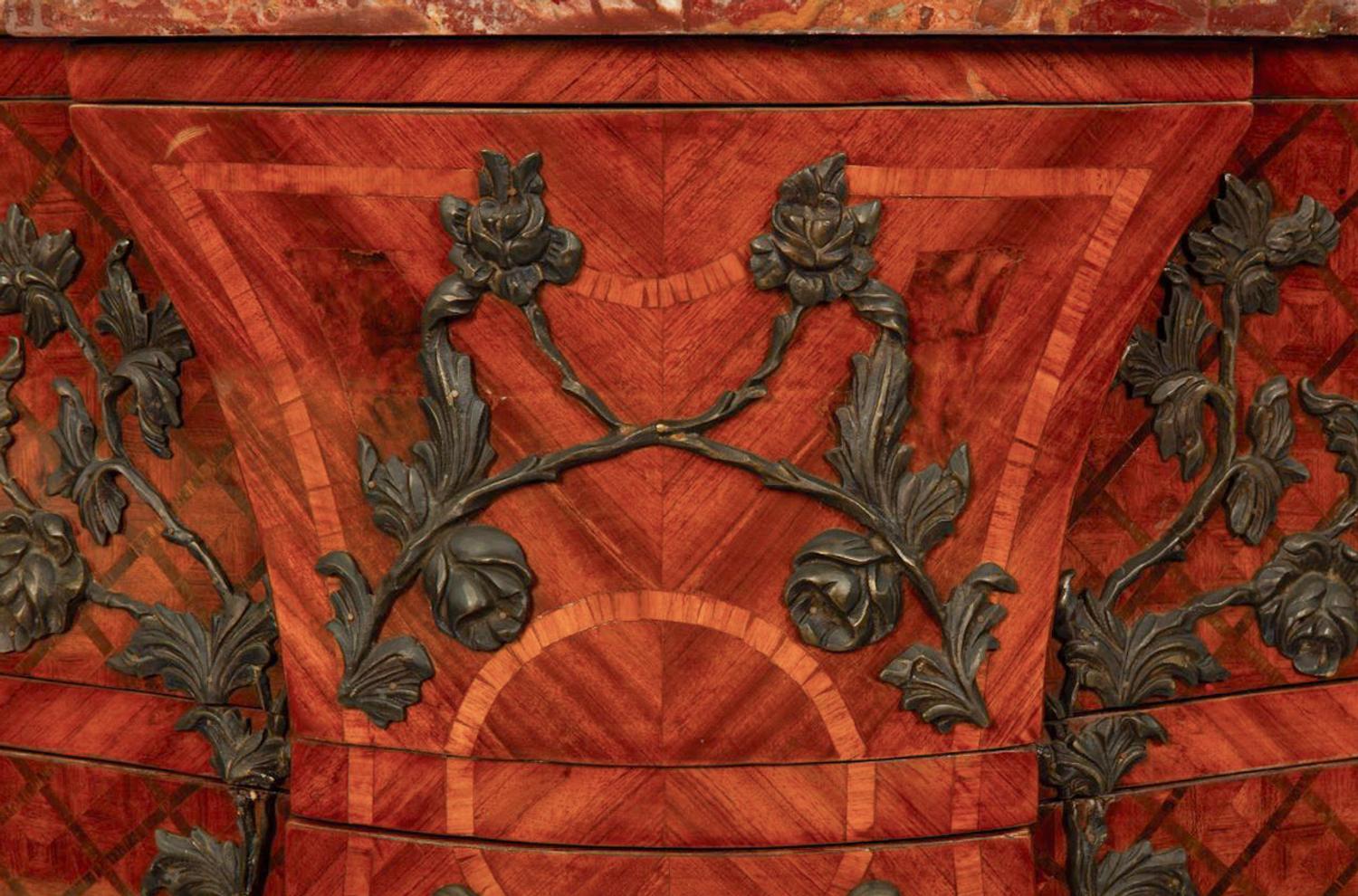 A Louis XV Style Parquetry Bombe Commode with Bronze Mounts and Marble Top