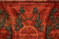 A Louis XV Style Parquetry Bombe Commode with Bronze Mounts and Marble Top