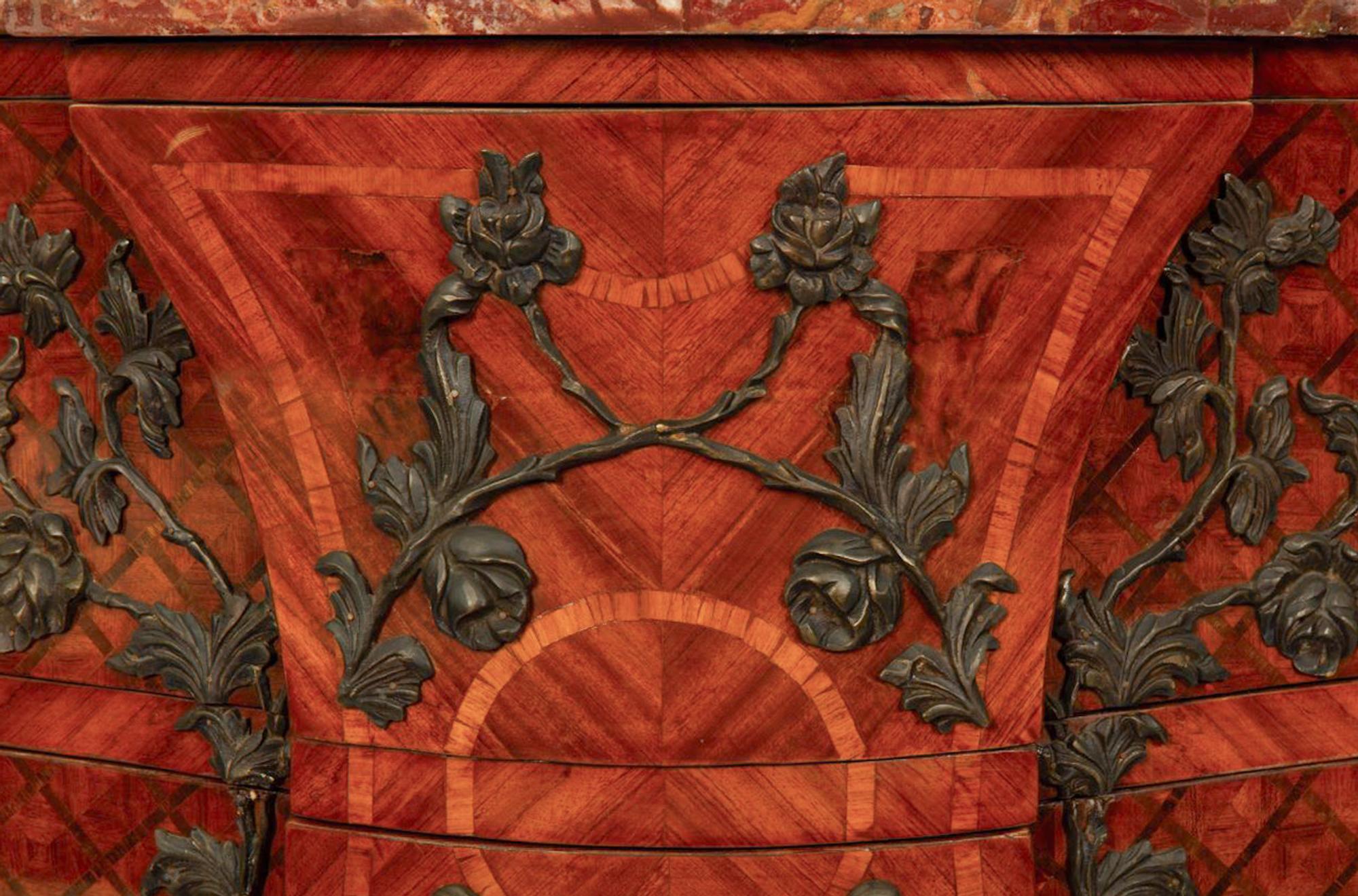 A Louis XV Style Parquetry Bombe Commode with Bronze Mounts and Marble Top