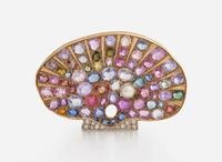 A 10K Yellow Gold and Multi-Colored Gemstone Shell Brooch