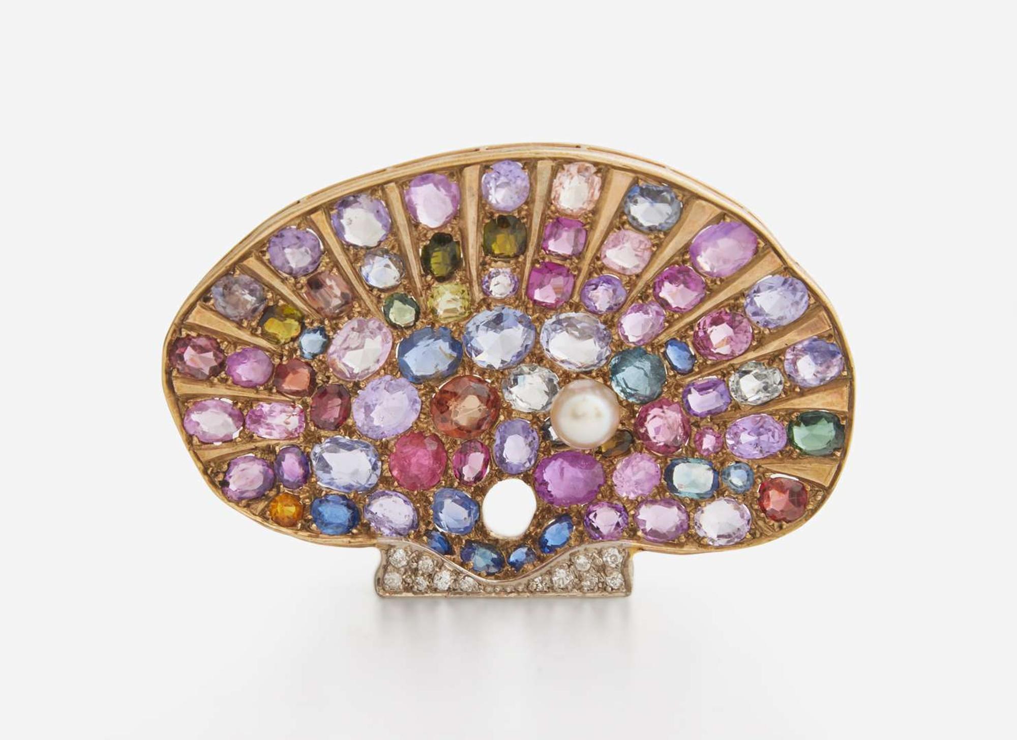 A 10K Yellow Gold and Multi-Colored Gemstone Shell Brooch