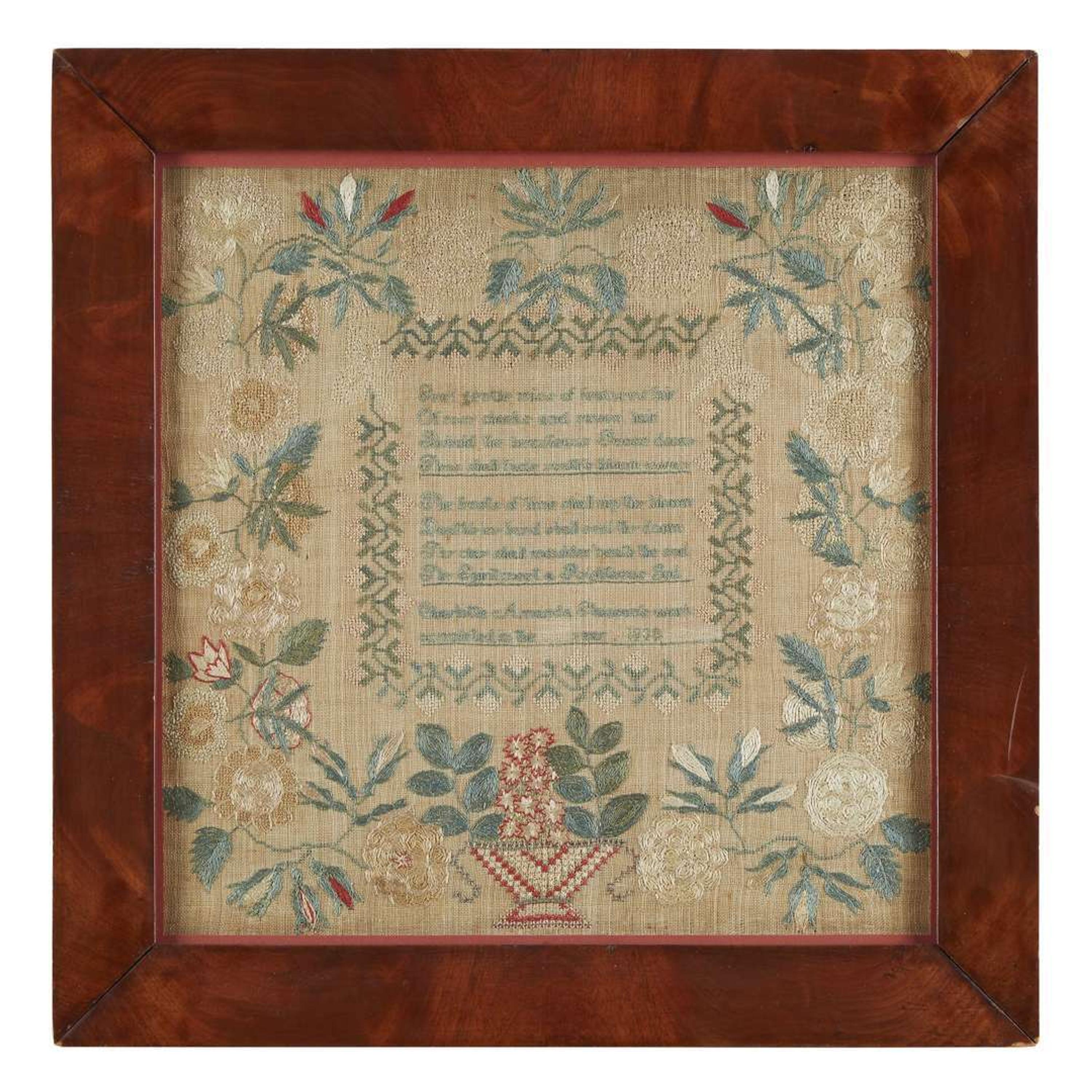 Needlework sampler Inscribed and dated, "Charlotte Amanda Slauson's work completed in the year 1838"
