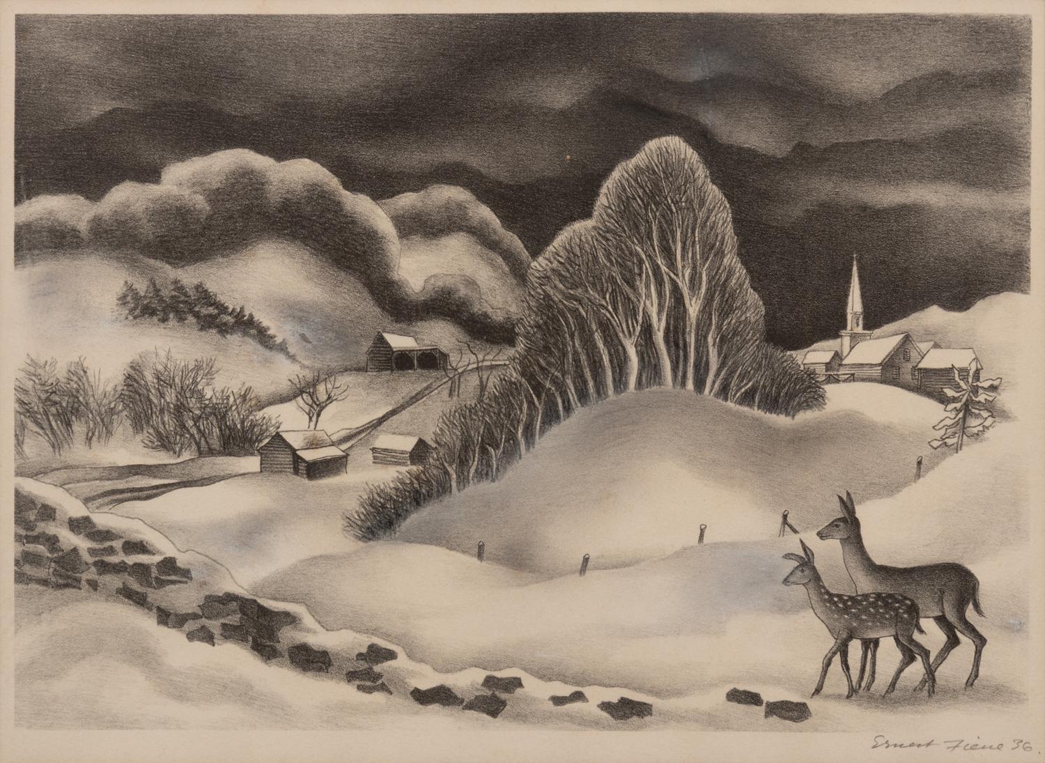 A group of four American prints (Ernest Fiene, New Snow ; Ernest Fiene, Rural Village ; Kyra Markham; Winter Twilight ; Ronau Woiceske, Winter Chores)