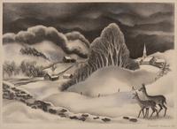 A group of four American prints (Ernest Fiene, New Snow ; Ernest Fiene, Rural Village ; Kyra Markham; Winter Twilight ; Ronau Woiceske, Winter Chores)