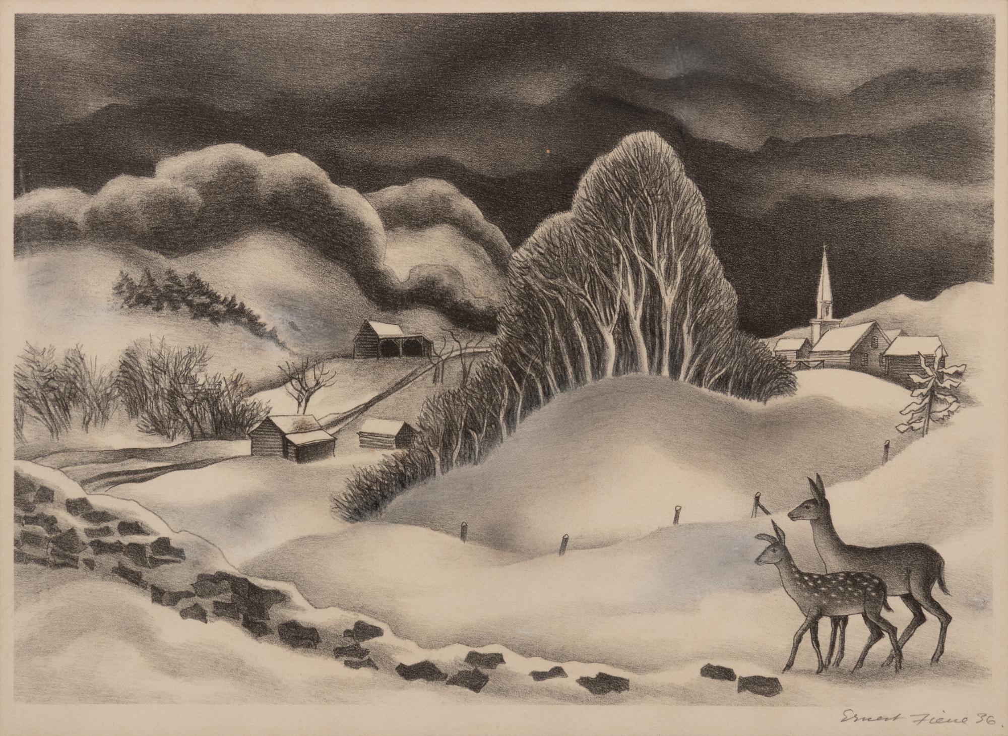 A group of four American prints (Ernest Fiene, New Snow ; Ernest Fiene, Rural Village ; Kyra Markham; Winter Twilight ; Ronau Woiceske, Winter Chores)
