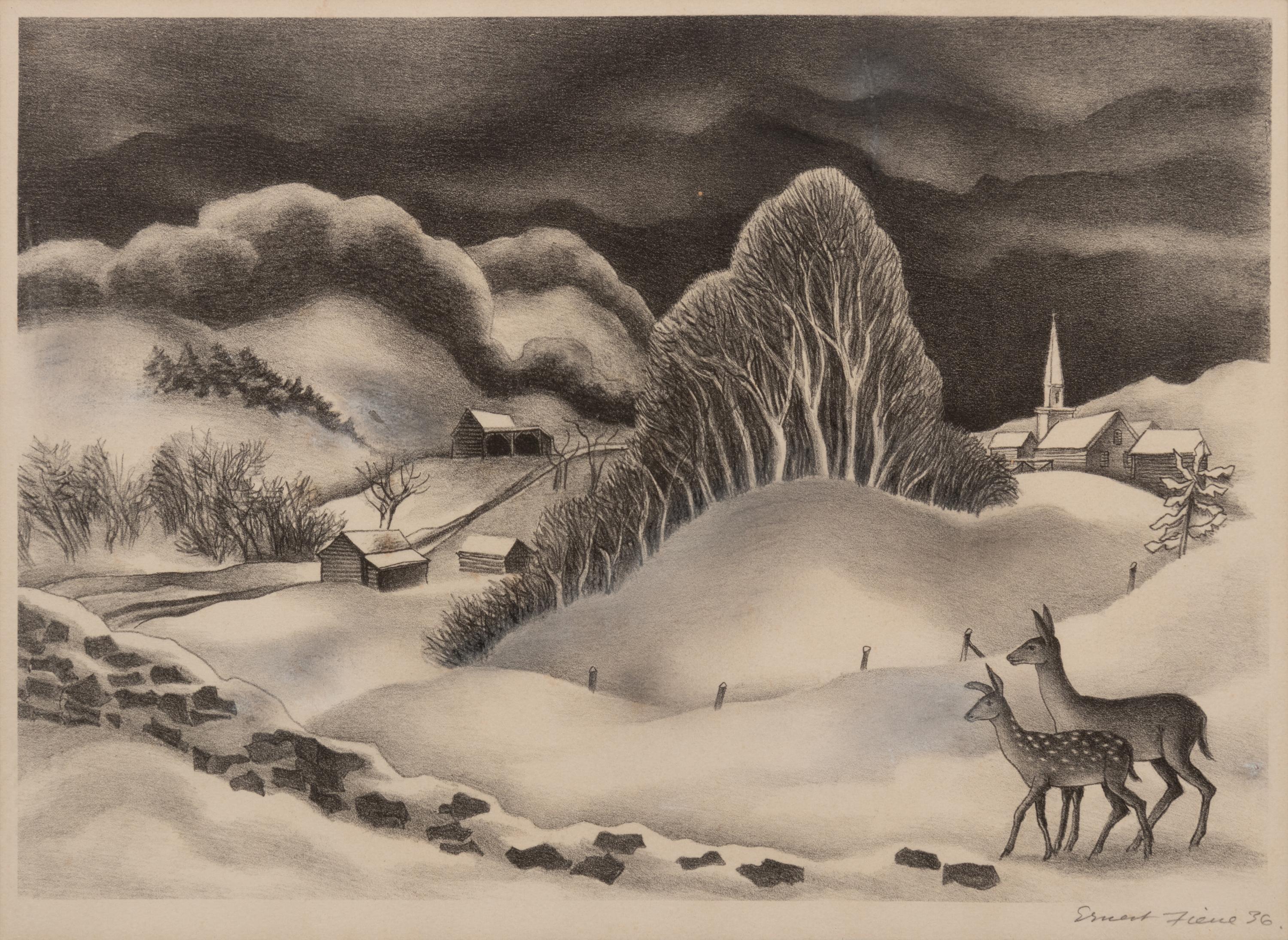 A group of four American prints (Ernest Fiene, New Snow ; Ernest Fiene, Rural Village ; Kyra Markham; Winter Twilight ; Ronau Woiceske, Winter Chores)