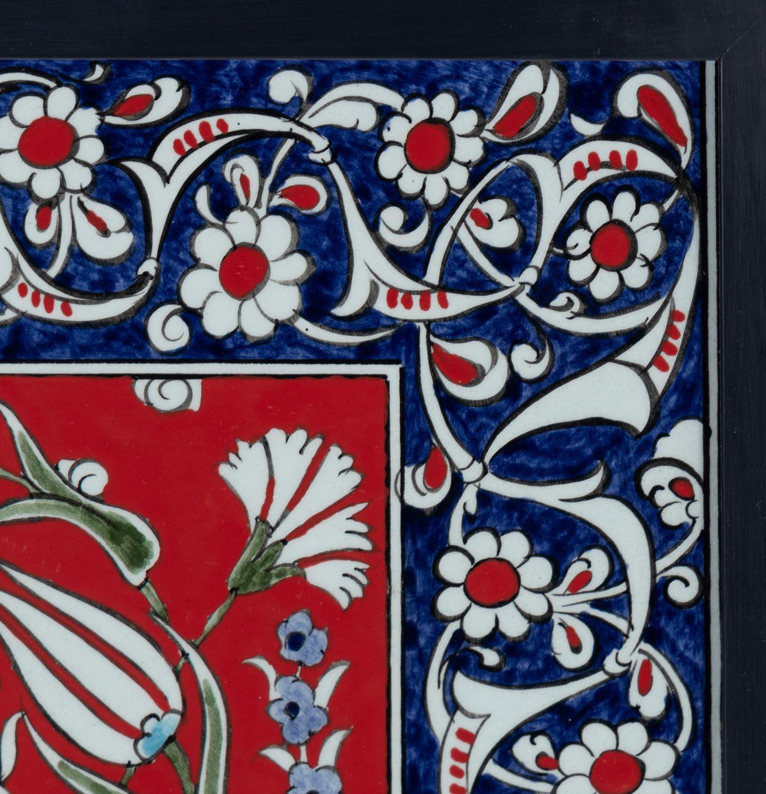 A Framed Set of Six Middle Eastern Glazed Earthenware Tiles