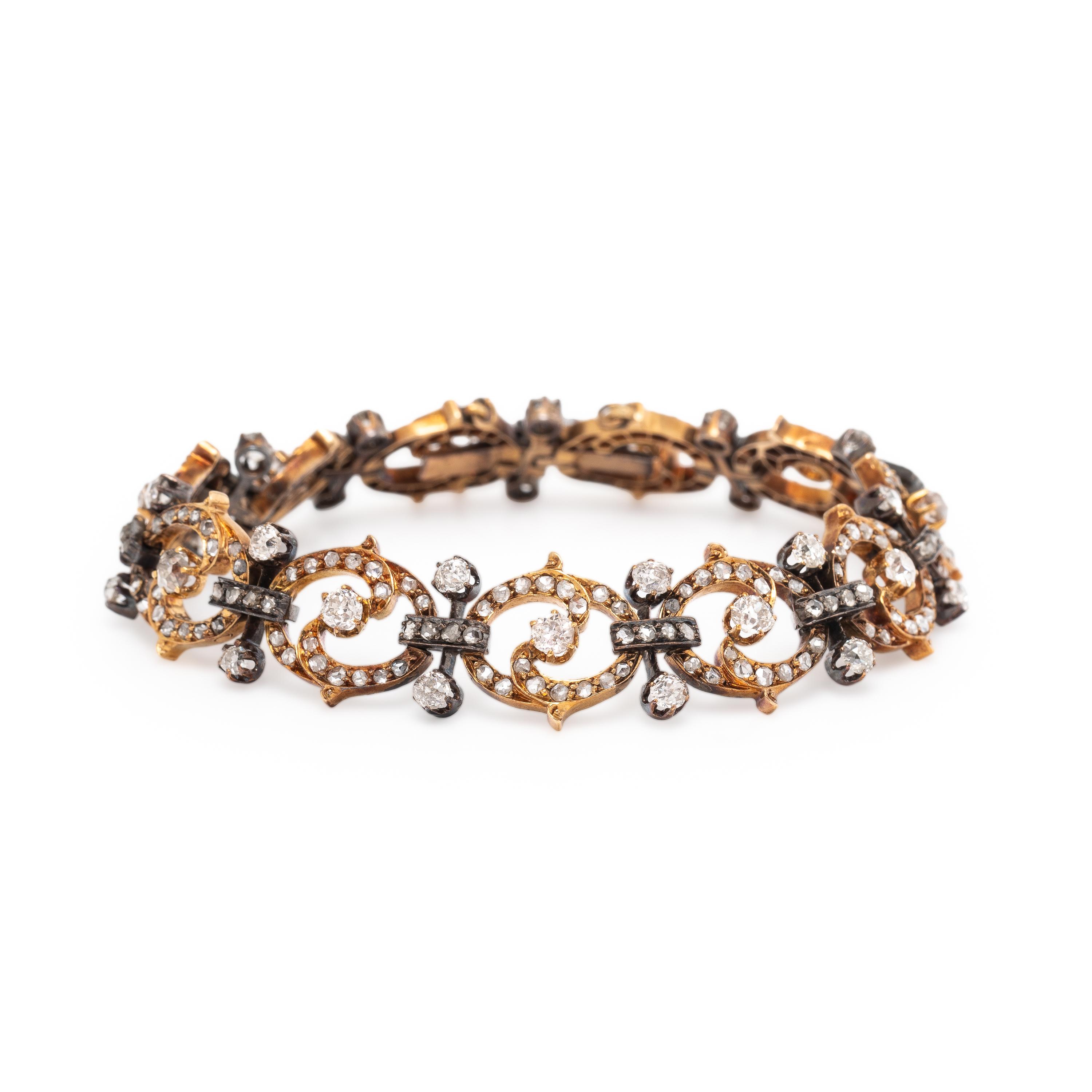 Antique, French, Diamond, Yellow Gold, and Silver-Topped Gold Bracelet