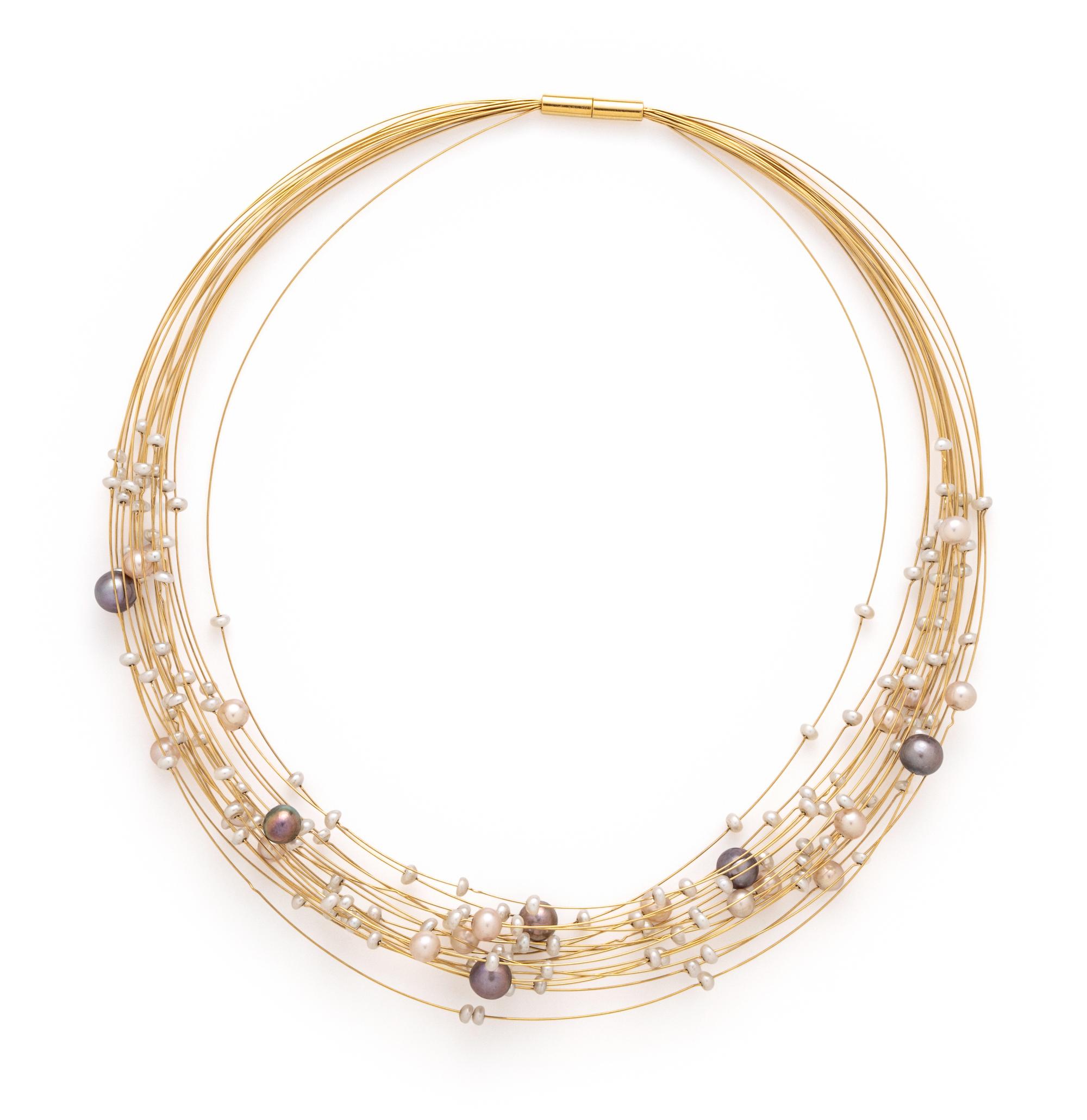 YELLOW GOLD AND CULTURED PEARL MULTISTRAND TORQUE NECKLACE