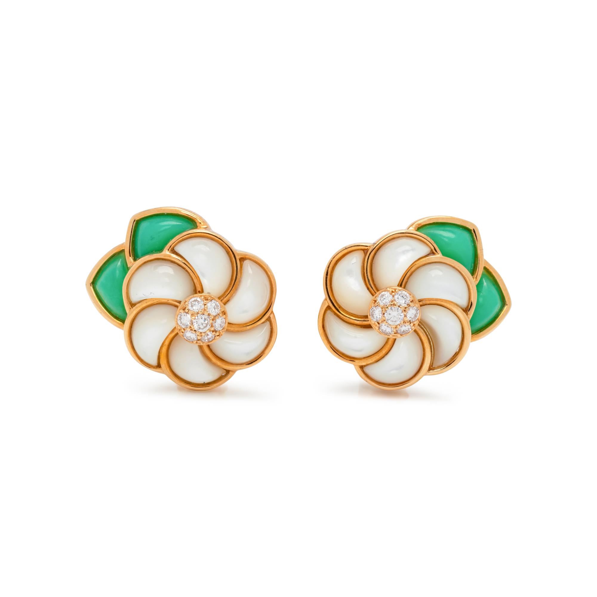 VAN CLEEF & ARPELS, HARDSTONE AND DIAMOND FLOWER EARCLIPS