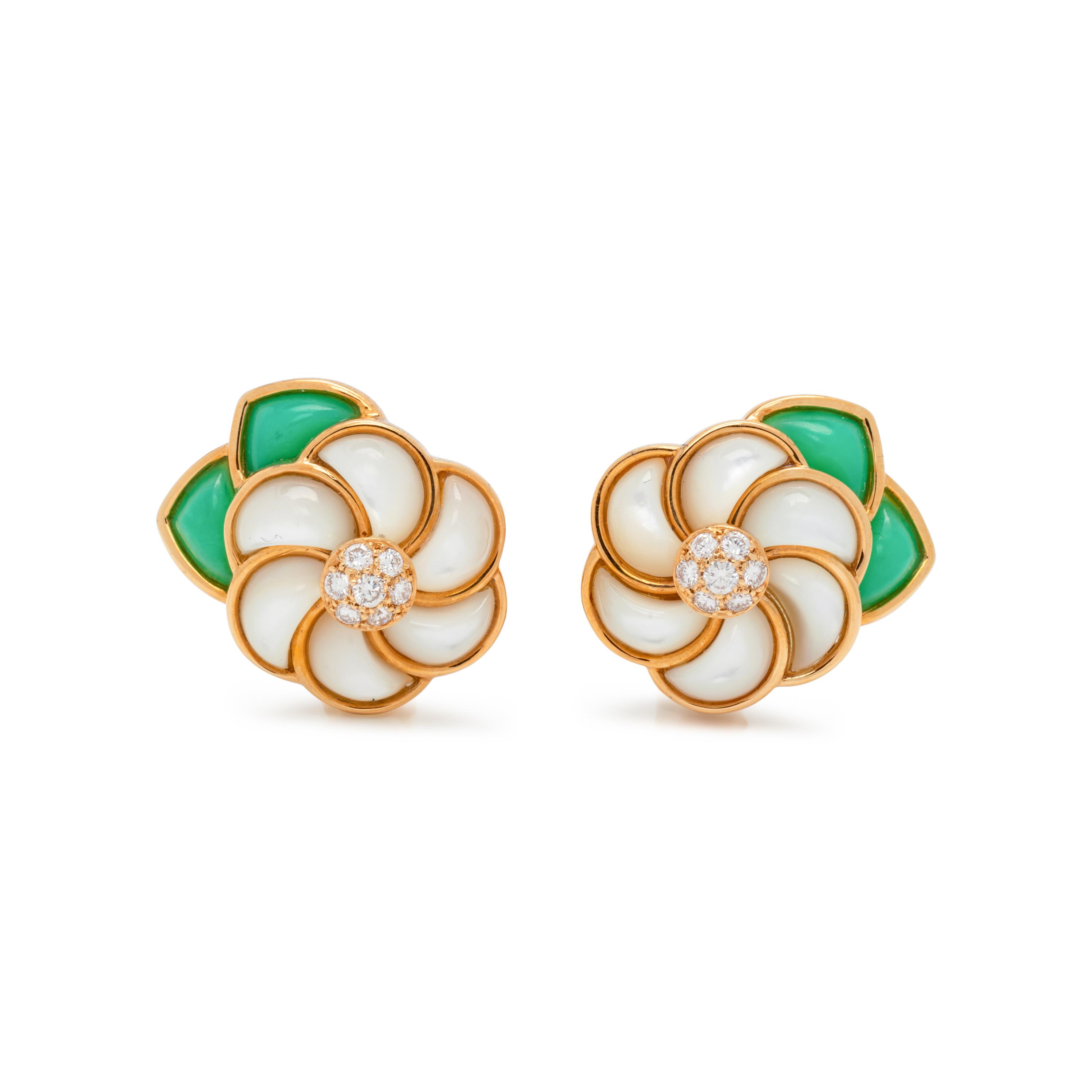 VAN CLEEF & ARPELS, HARDSTONE AND DIAMOND FLOWER EARCLIPS