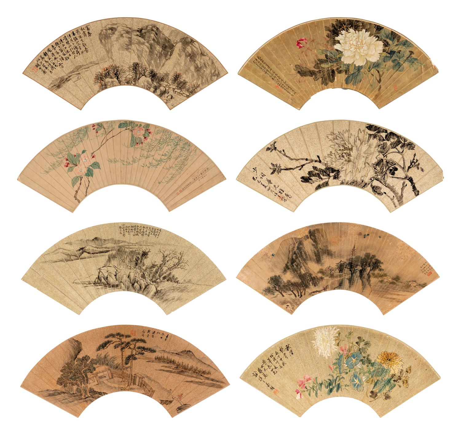 Eight Chinese Folding Fan Leaves Depicting Landscape and Flowers