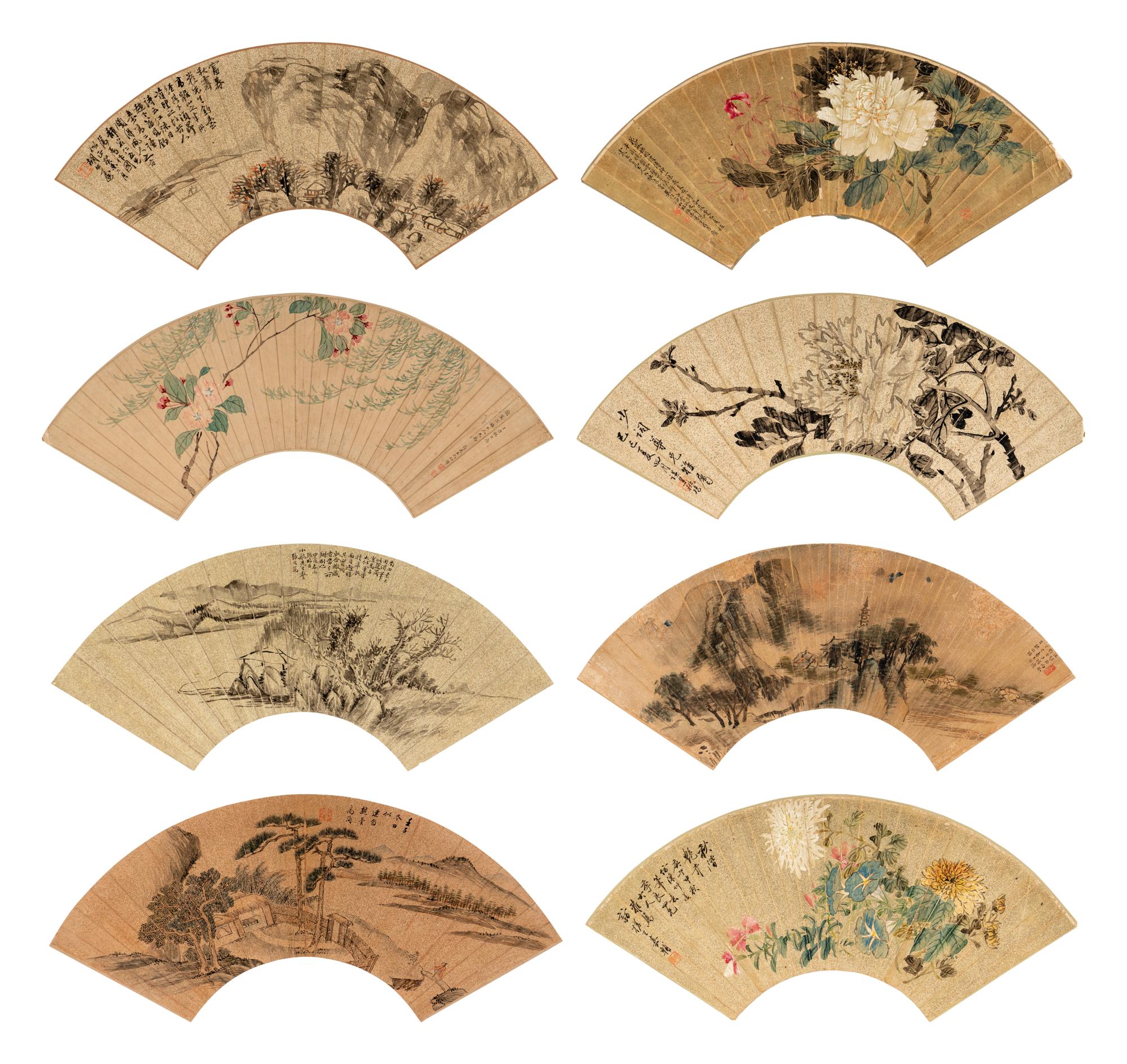 Eight Chinese Folding Fan Leaves Depicting Landscape and Flowers