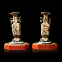 A Rare Pair of Chinese Embroidered Silk Hexagonal Vases, 19th Century 清晚期 粵綉拼接六方賞瓶一對