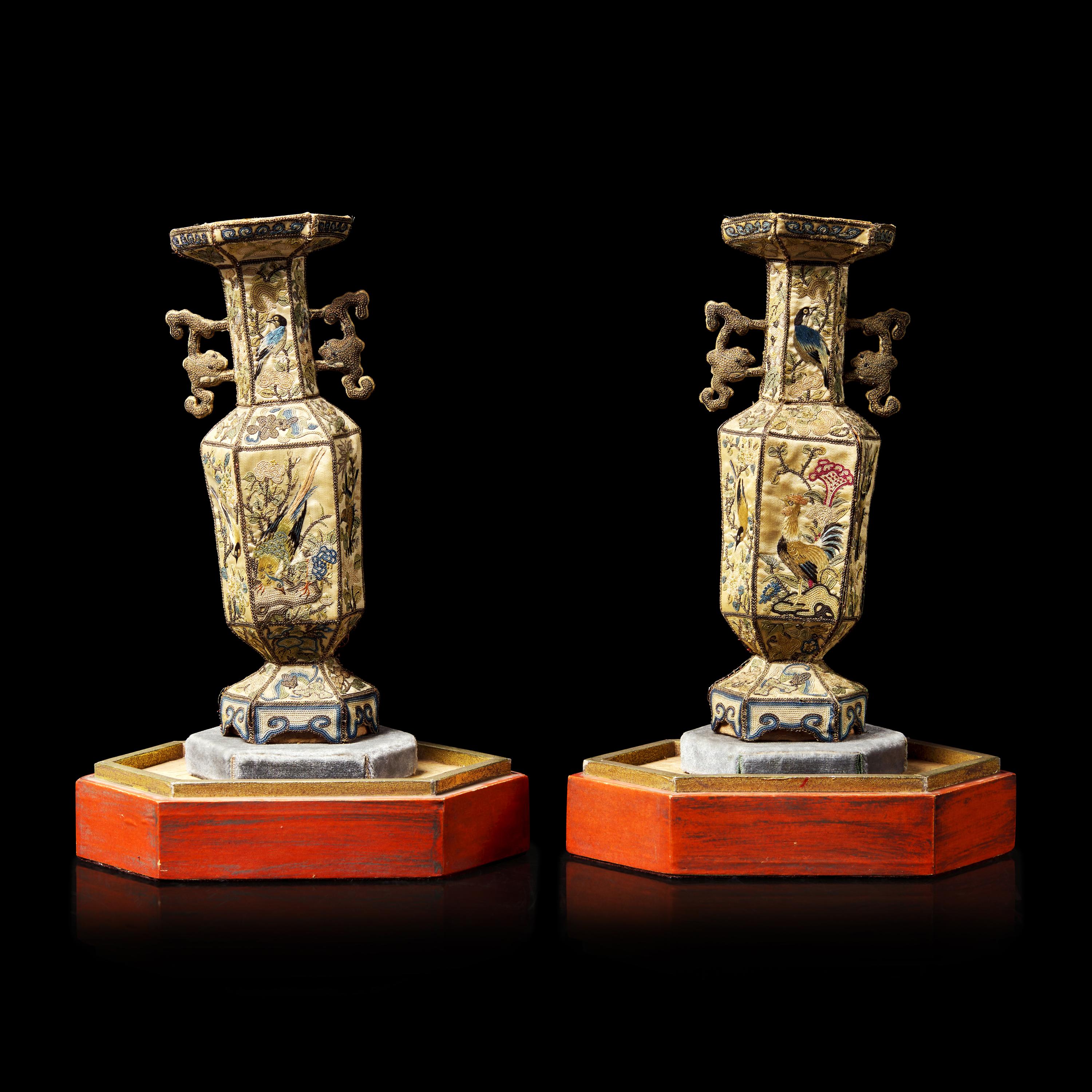 A Rare Pair of Chinese Embroidered Silk Hexagonal Vases, 19th Century 清晚期 粵綉拼接六方賞瓶一對