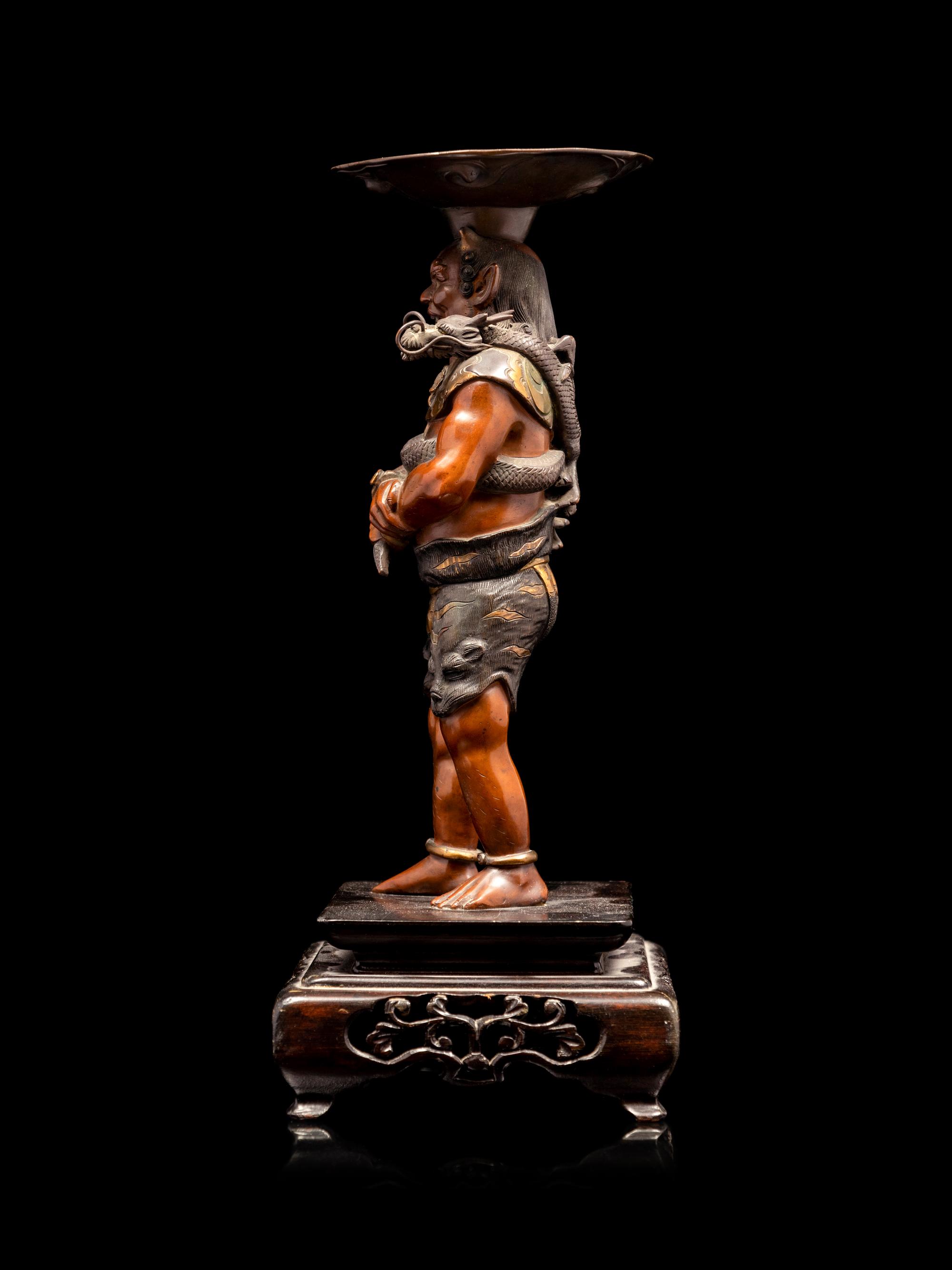 A Patinated and Gilt Bronze Figure of Oni
