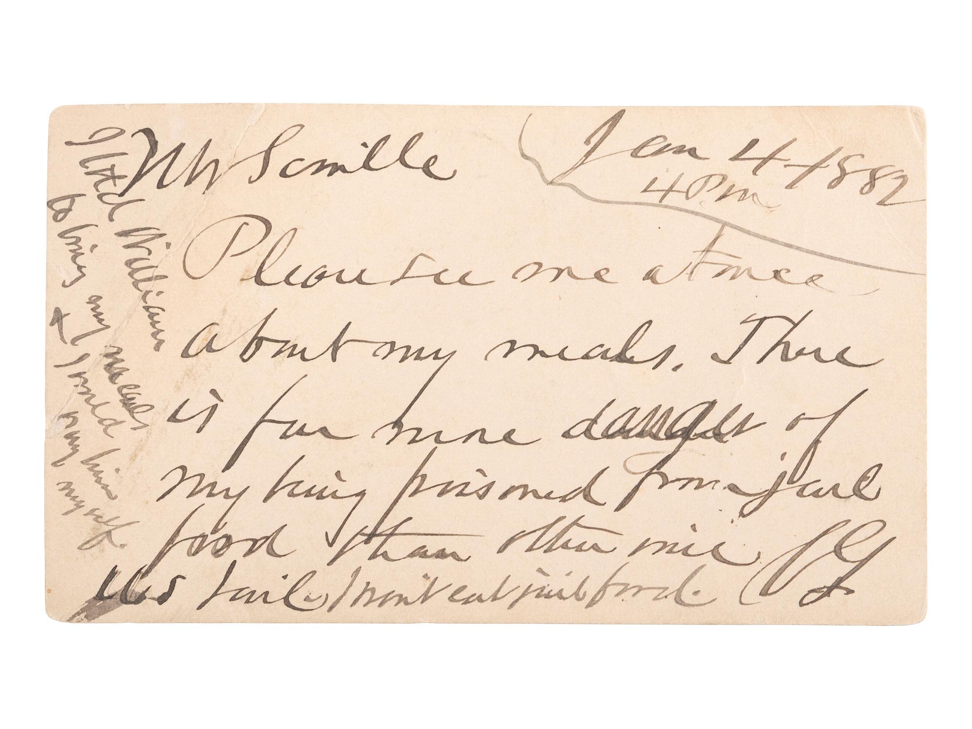 [GARFIELD, James A. (1831-1881)]. GUITEAU, Charles (1841-1882). Autograph postcard signed ("CG") to his attorney, George Scoville. [Washington, DC], 4 January 1882, 4 pm. Toned, light creasing.