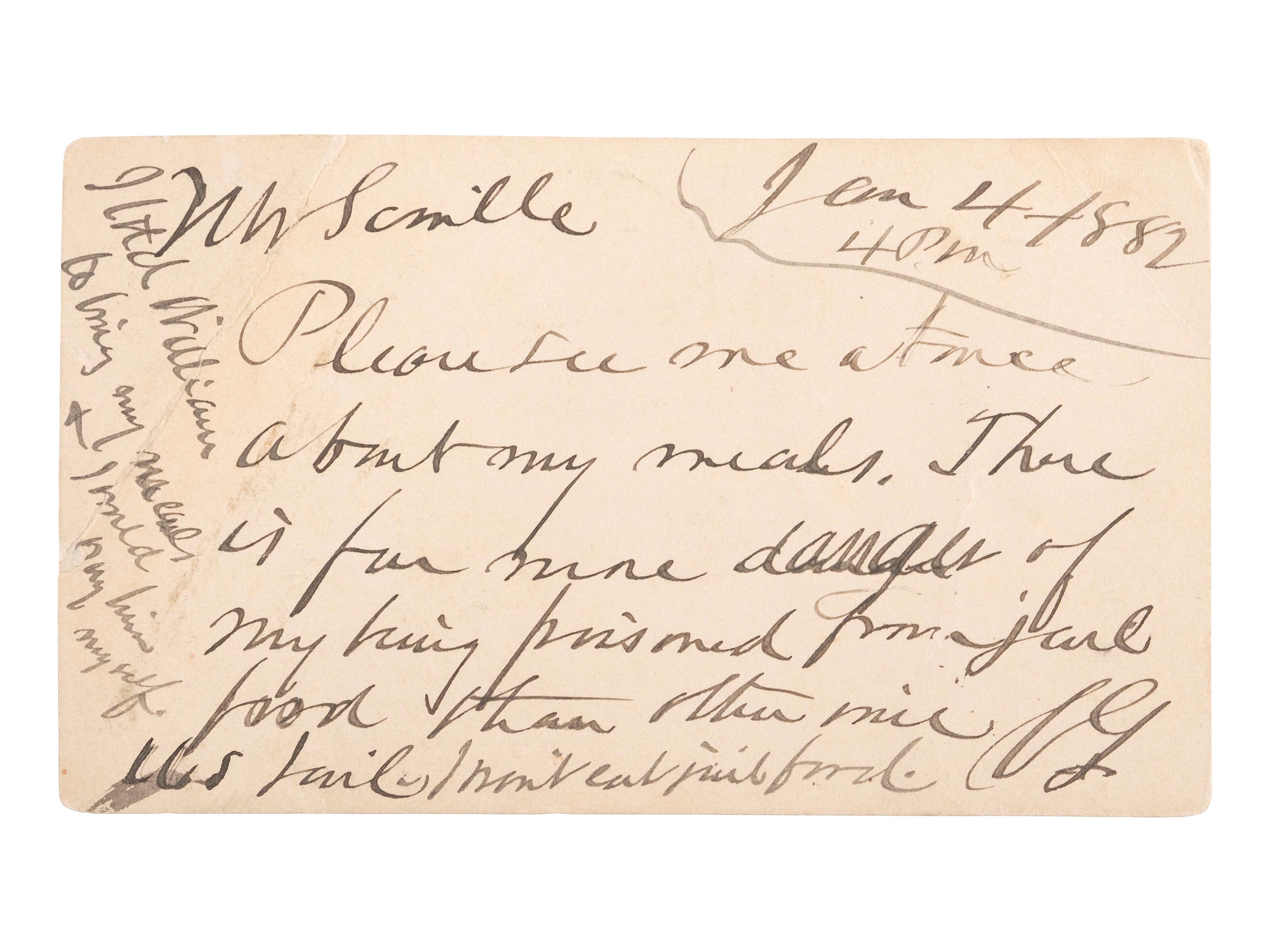 [GARFIELD, James A. (1831-1881)]. GUITEAU, Charles (1841-1882). Autograph postcard signed ("CG") to his attorney, George Scoville. [Washington, DC], 4 January 1882, 4 pm. Toned, light creasing.