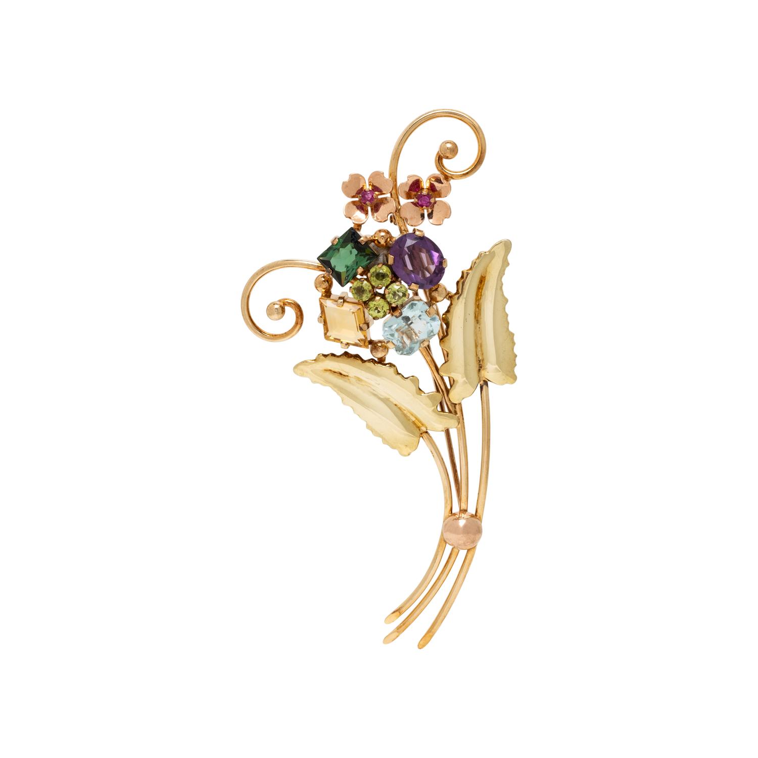 YELLOW GOLD AND MULTIGEM BROOCH