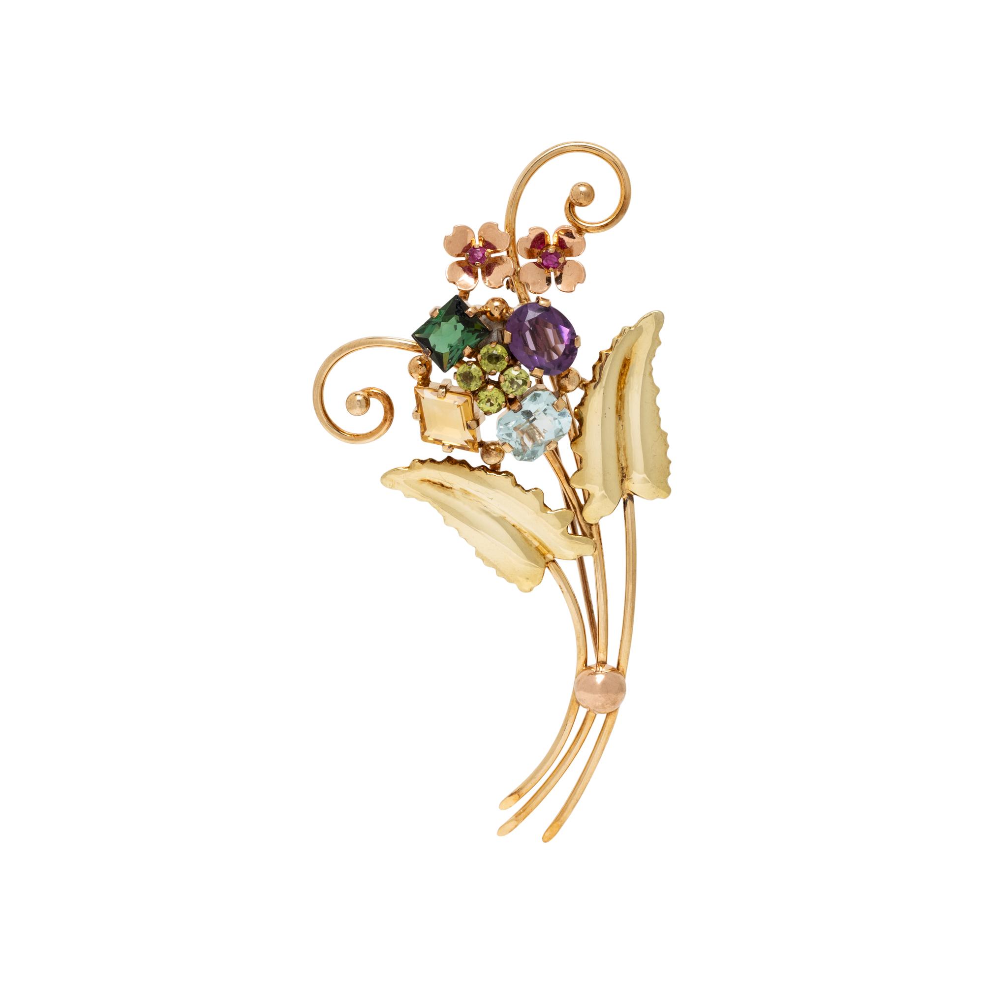 YELLOW GOLD AND MULTIGEM BROOCH