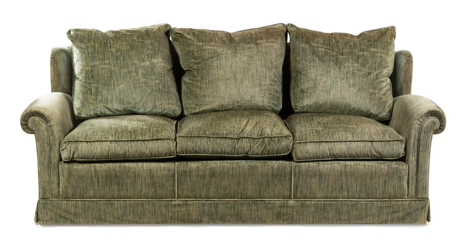 A Custom Rubelli Silk Velvet-Upholstered Three-Seat Sofa Height 33 x width 83 x depth 33 inches. — 20TH CENTURY