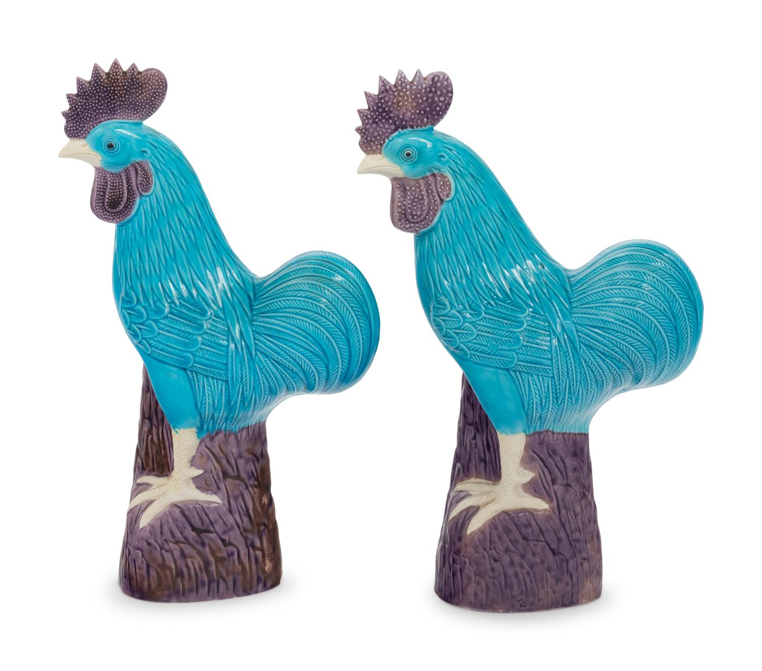 A Pair of Chinese Export Turquoise Glazed Roosters