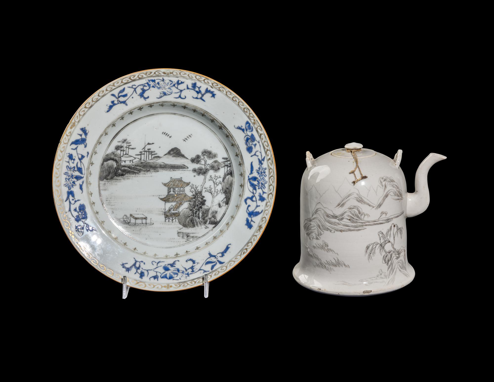 Two Chinese Grisaille Decorated Porcelain Wares