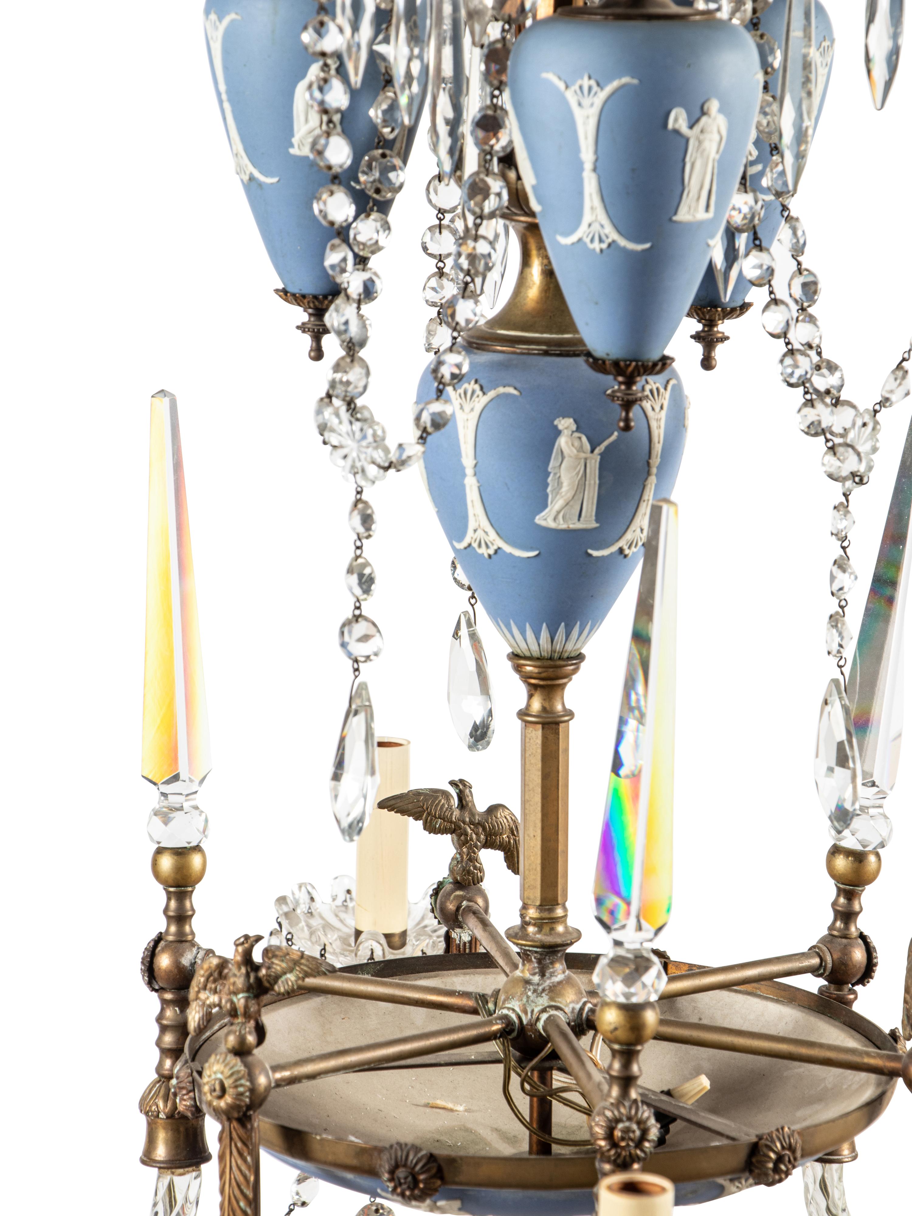 A French Gilt Bronze, Cut Glass and Jasperware Six-Light Chandelier