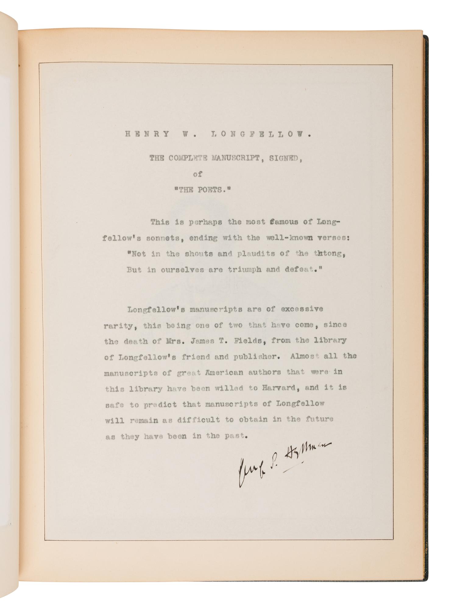 LONGFELLOW, Henry Wadsworth (1807-1882). Autograph poetic manuscript signed ("Henry W. Longfellow"), a fair copy of "The Poets", [Cambridge], 13 March 1876.