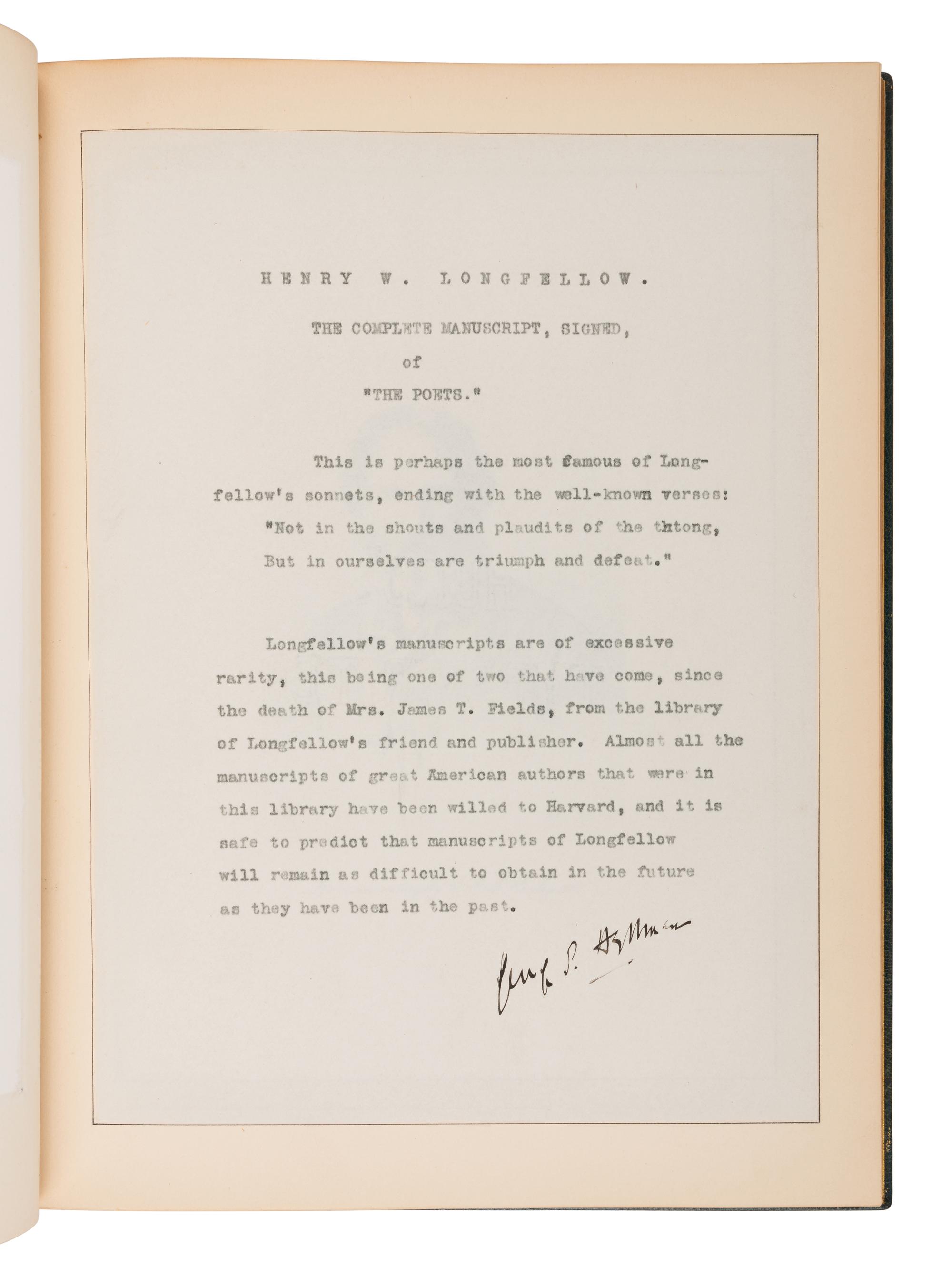 LONGFELLOW, Henry Wadsworth (1807-1882). Autograph poetic manuscript signed ("Henry W. Longfellow"), a fair copy of "The Poets", [Cambridge], 13 March 1876.