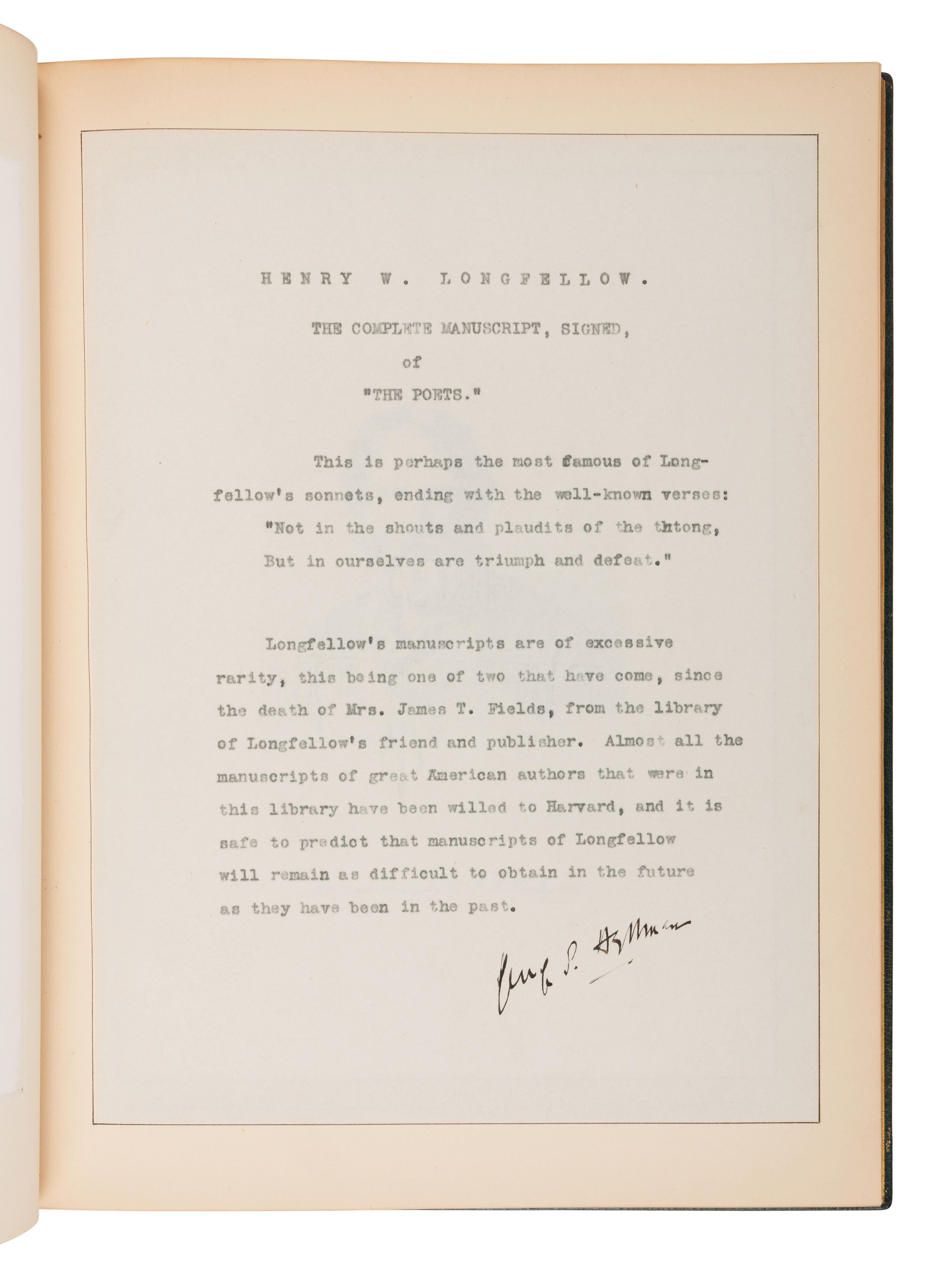 LONGFELLOW, Henry Wadsworth (1807-1882). Autograph poetic manuscript signed ("Henry W. Longfellow"), a fair copy of "The Poets", [Cambridge], 13 March 1876.