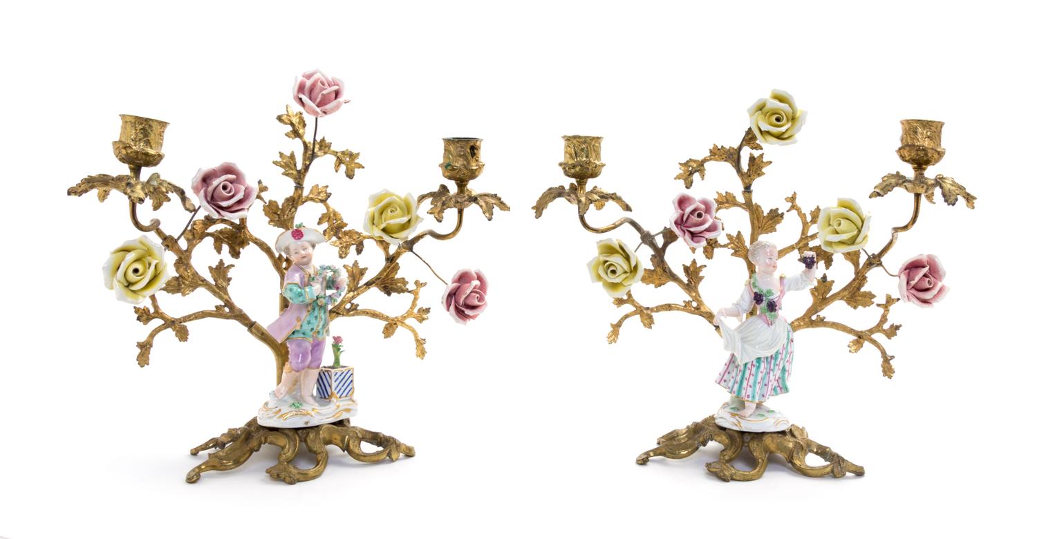 A Pair of Meissen Porcelain and Gilt Bronze Figural Candelabra Height 12 inches. — PORCELAIN FIGURES 18TH CENTURY