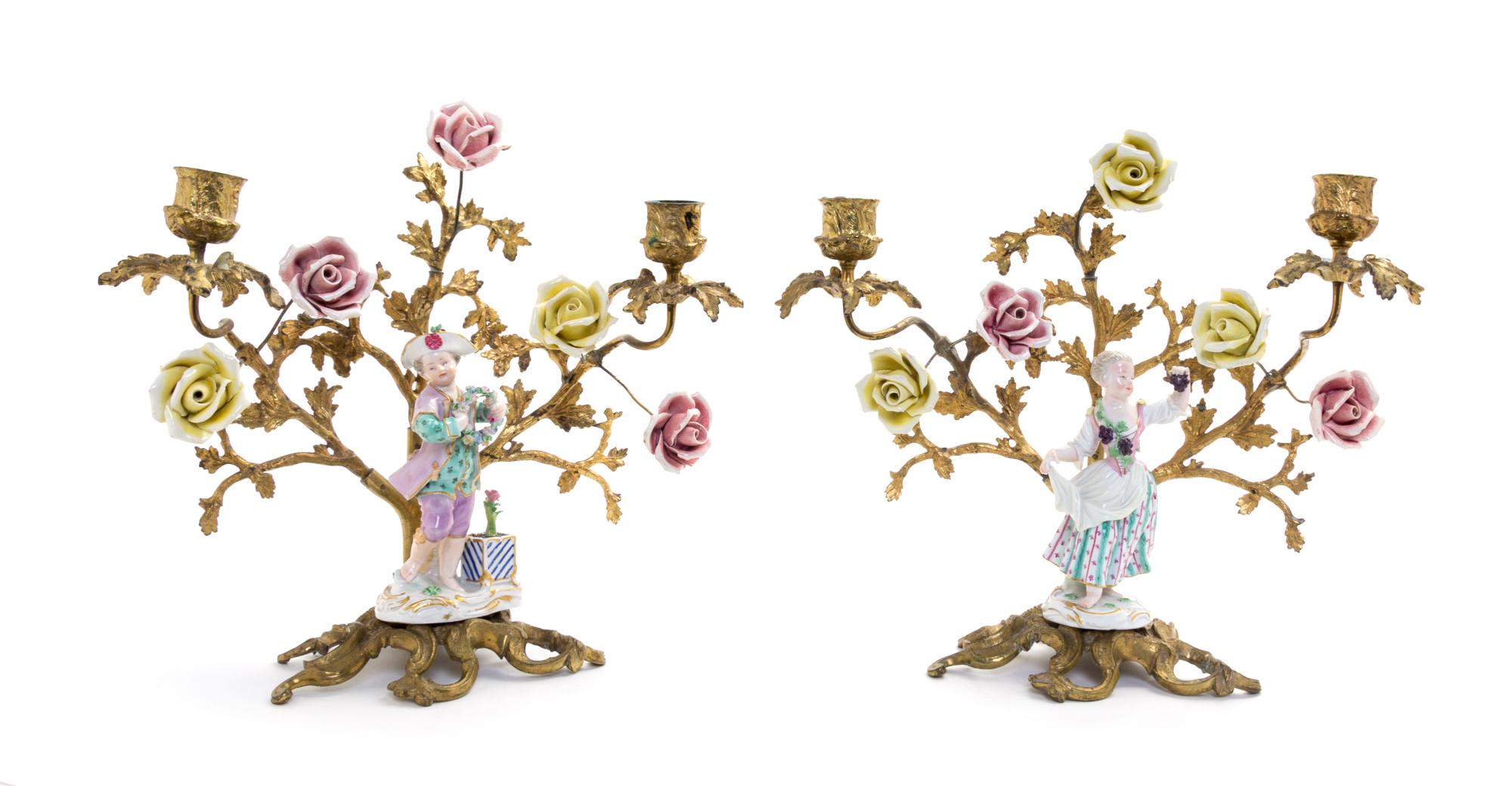 A Pair of Meissen Porcelain and Gilt Bronze Figural Candelabra Height 12 inches. — PORCELAIN FIGURES 18TH CENTURY