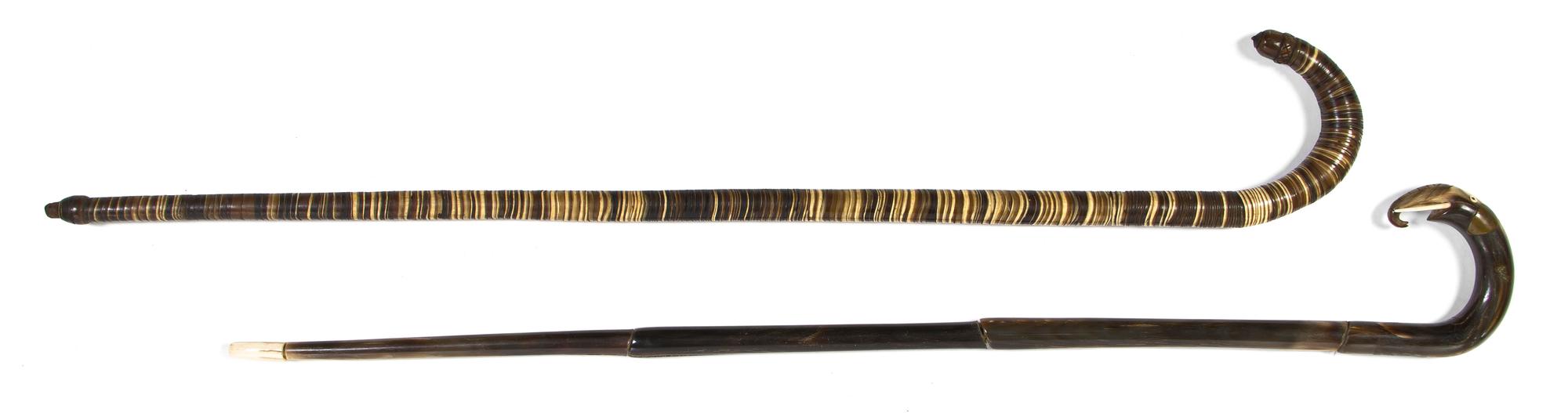Two Horn Veneered Canes, Height of taller overall 36 1/4 inches.