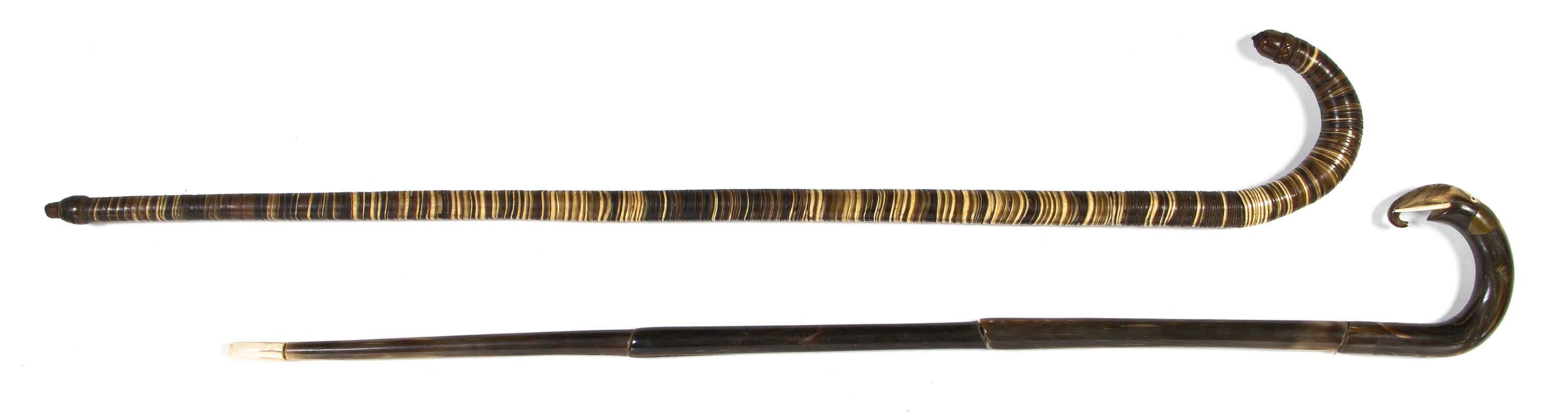 Two Horn Veneered Canes, Height of taller overall 36 1/4 inches.